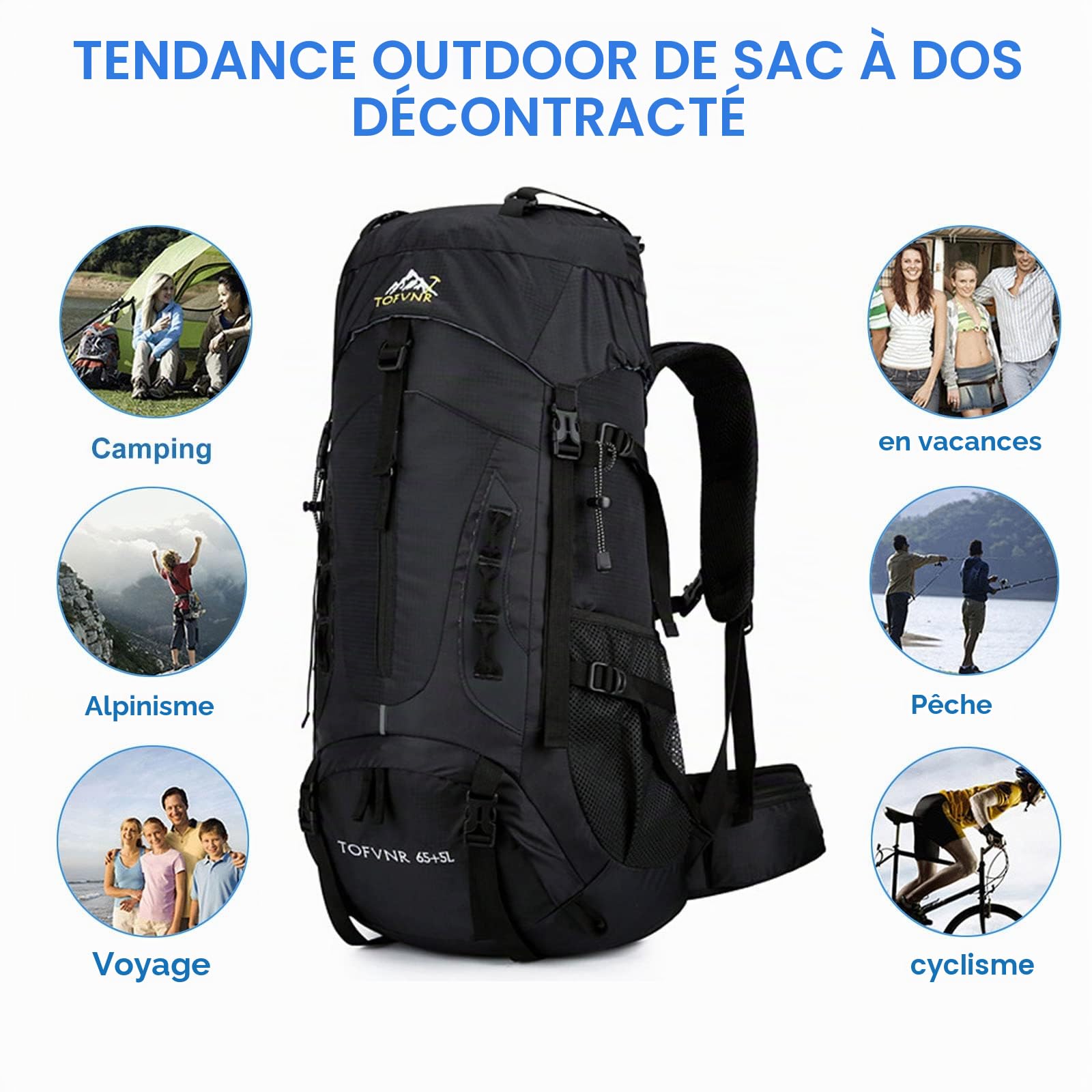 Sac à Dos de Randonnée 70L en Nylon avec Housse de Protection Imperméable Ultraléger pour Alpinisme Escalade Trekking Sport Voyage Camping (Noir)
