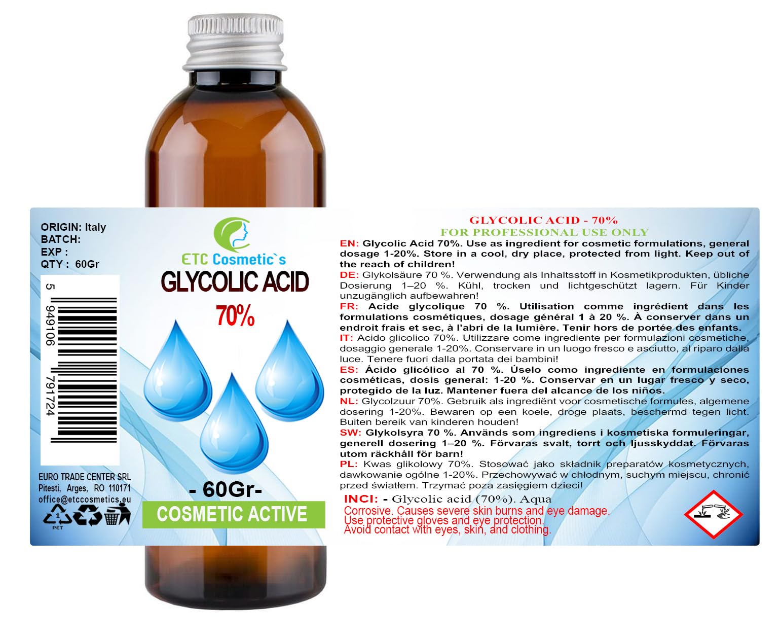 Acido glicolico - 60 gr - 70% Soluzione esfoliante AHA ad alta potenza | Formula per un profondo rinnovamento della pelle e una texture più definita | A base d'acqua