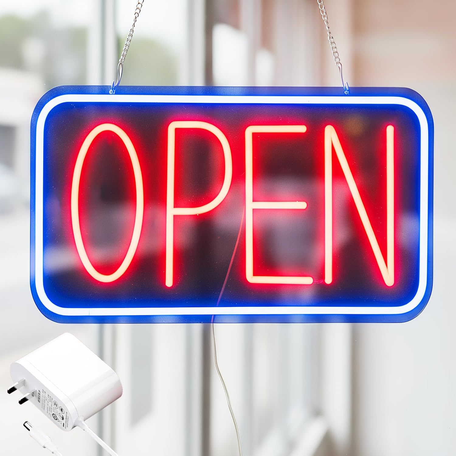 Open Sign for Business, LED Dimmable Neon Light with Adapter, 16.5" x 10", Red Blue with Acrylic Backboard, Ideal for Window, Wall, Party, Bar, Coffee Shop, Salon, and Store