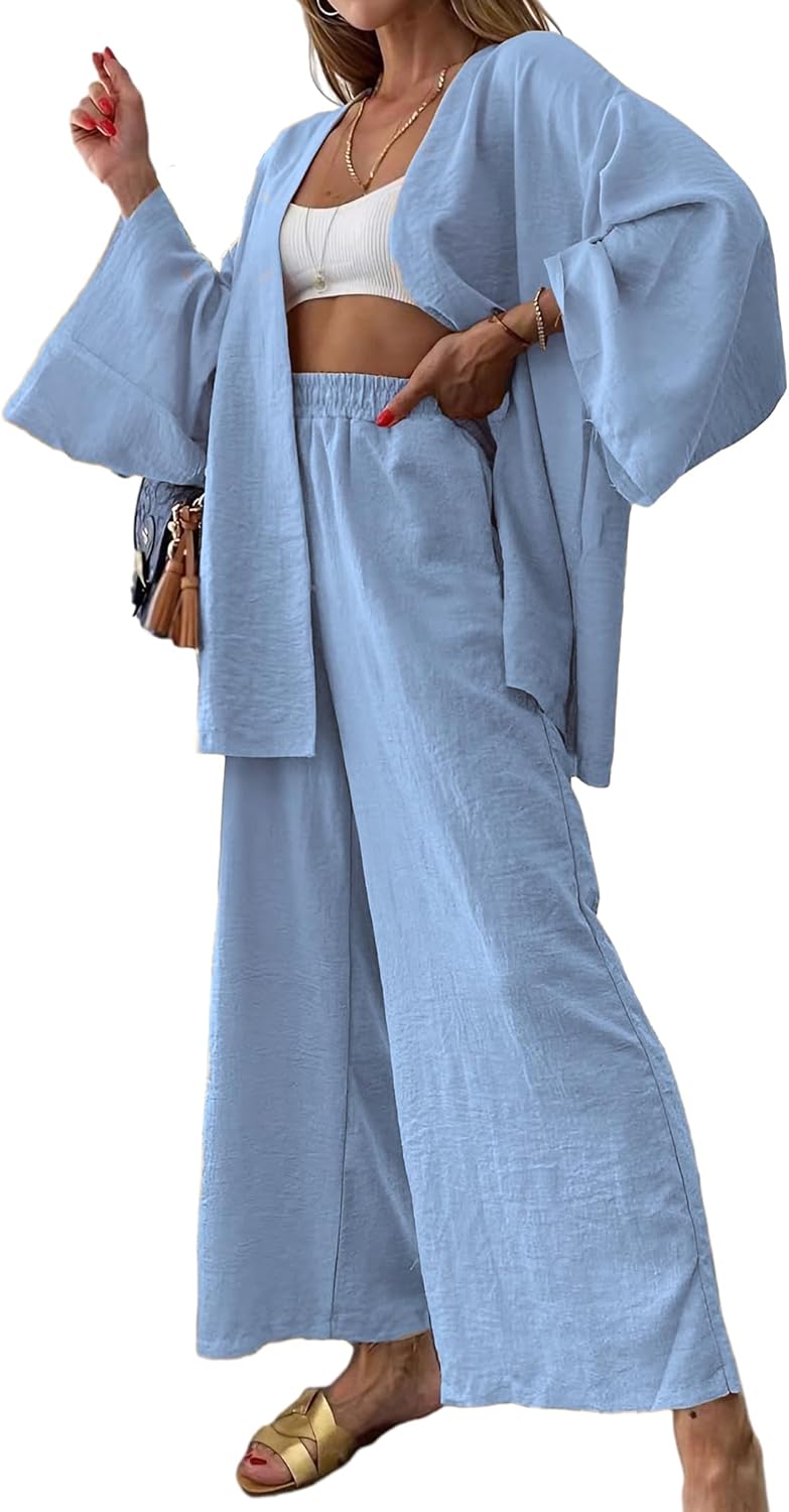 ZAFUL Casual 2 Piece Outfit For Women Linen Long Sleeve Cardigan Flare Pleated Wide Leg Pants Sets - Image 4