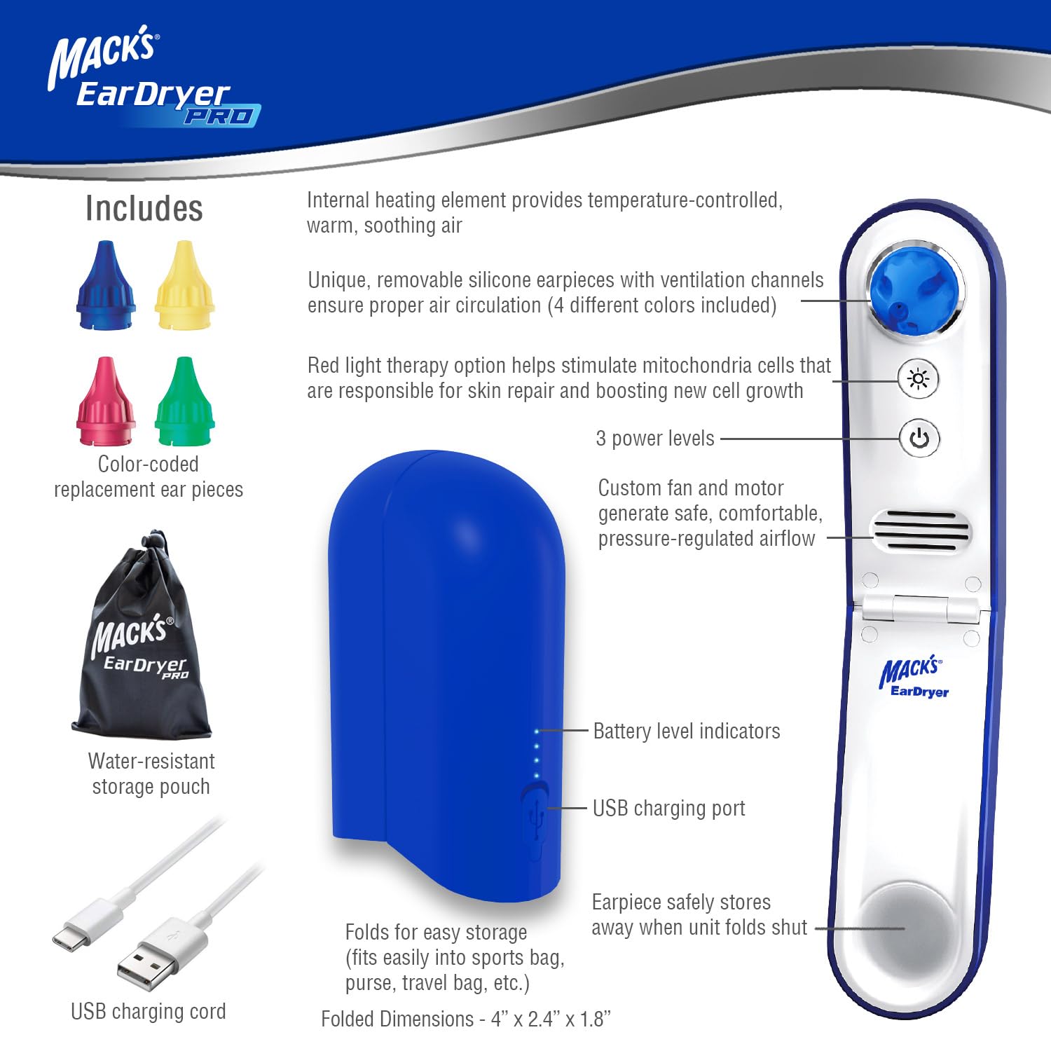 Macks Ear Dryer PRO Rechargeable Warm Air Ear Water Drying Aid with Red Light Therapy and 3 Power Levels for Swimmers Ears Showering Water Sports Surfing Scuba and Hearing Aids product thumbnail 7