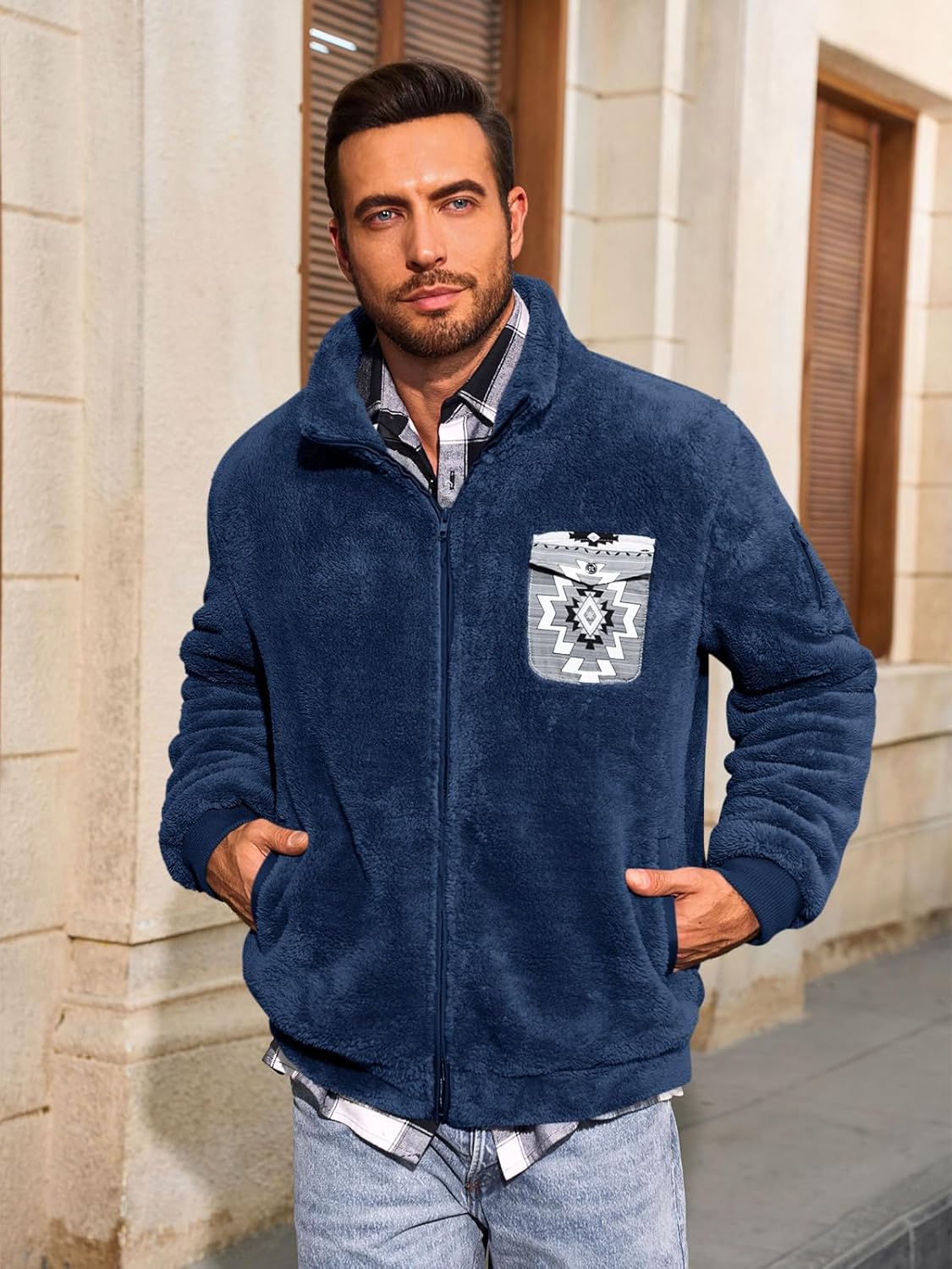 Yousify Mens Fuzzy Sherpa Jacket Full Zip Fleece Long Sleeve Jackets Thermal Coat Fall Winter Outwear - Image 3