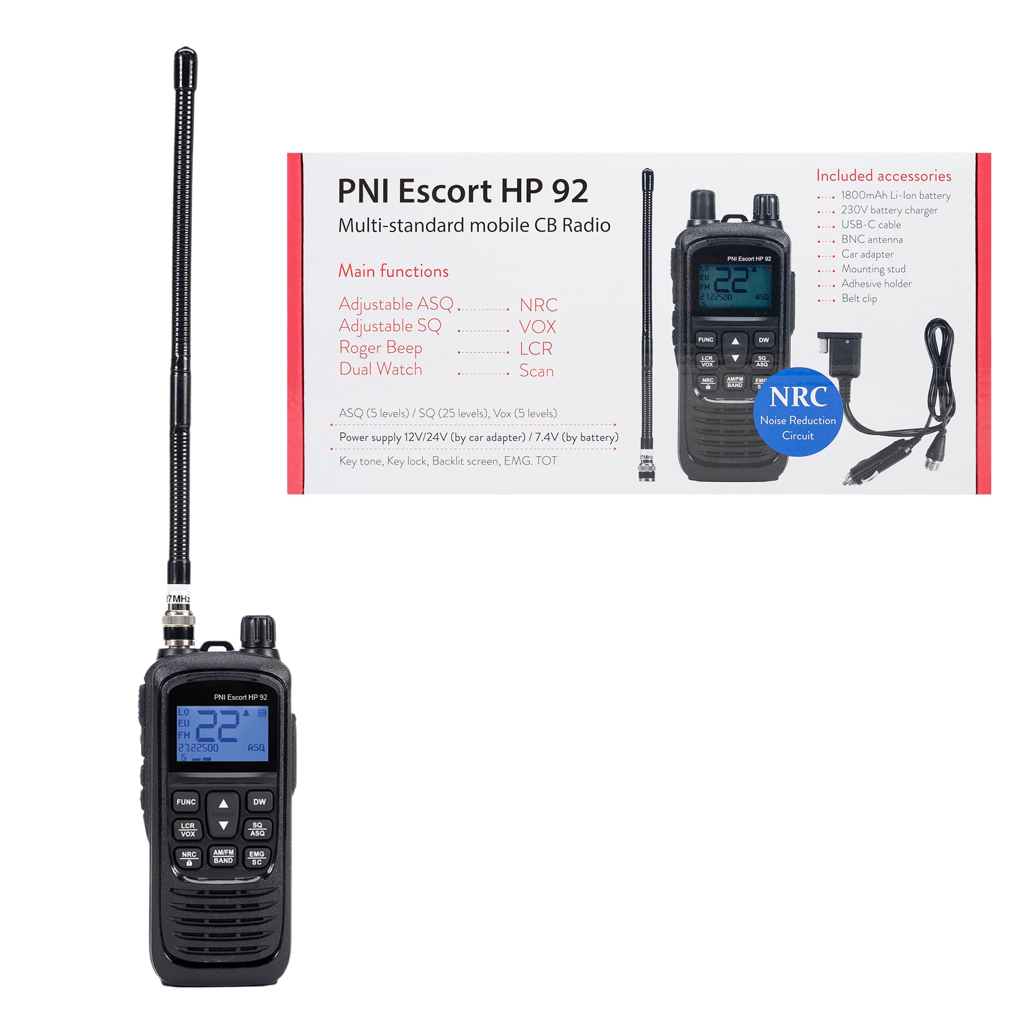 Estación de Radio CB portátil PNI Escort HP 92 multiestándar, 4W, Am-FM, NRC, Dual Watch, Roger Beep, ASQ SQ Ajustable, VOX, 12V-24V
