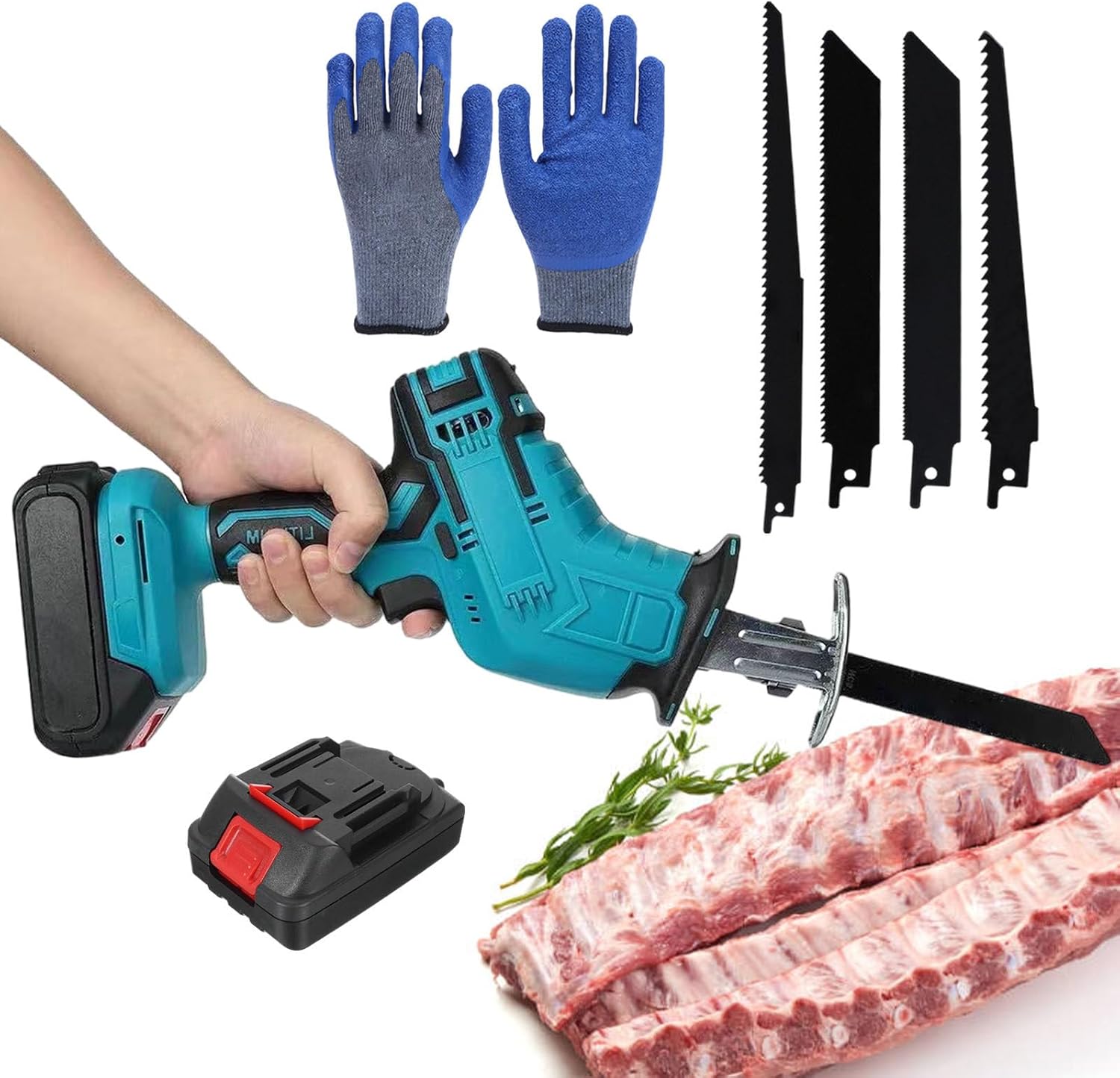 Electric Reciprocating Saw with included accessories: gloves, saw blades, battery, and charger.