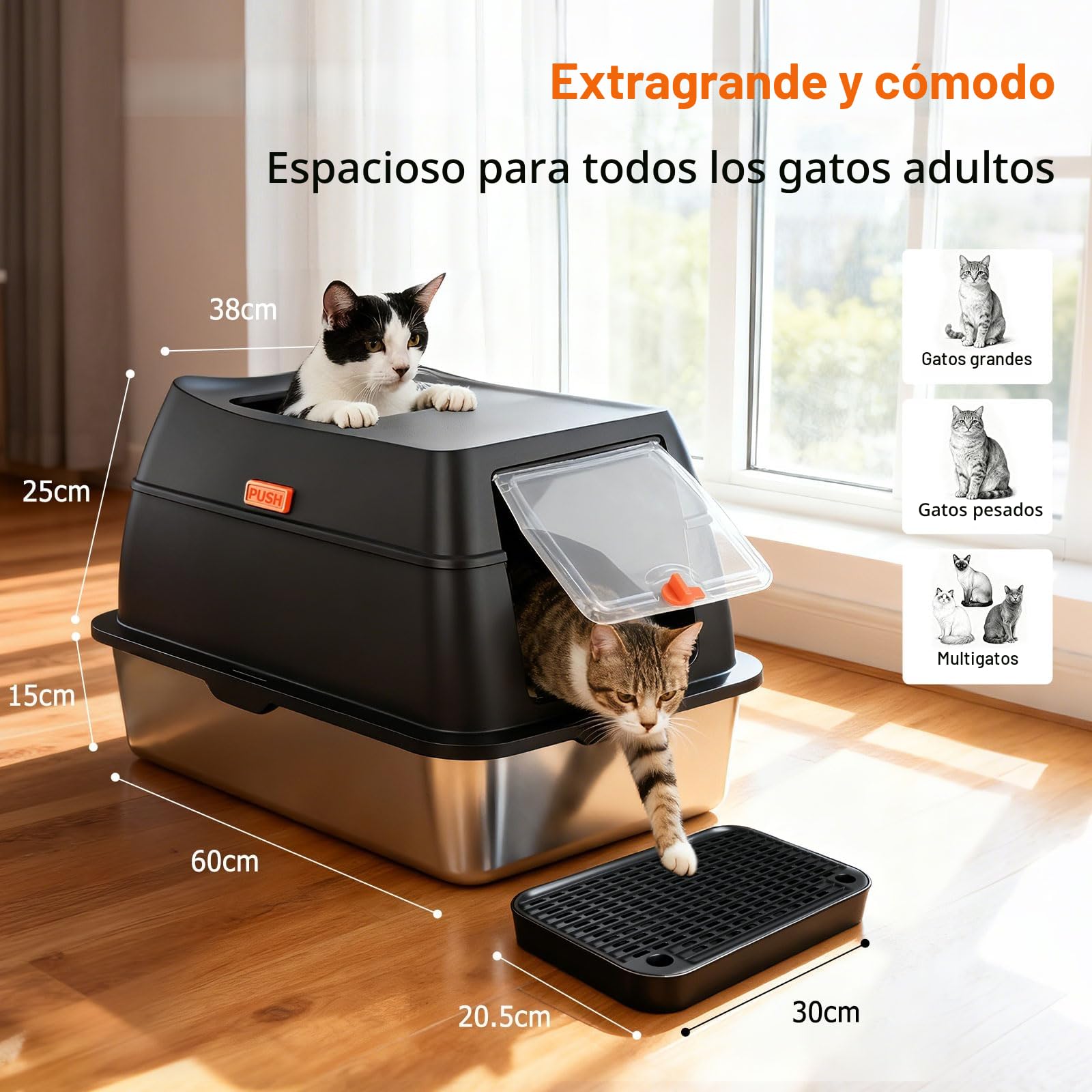 Arenero para Gatos de Acero Inoxidable, XL Caja de Arena Gato Cerrada con Tapa, Doble Entrada y Alfombrilla Antiderrames, Bandeja Antifugas para Gato Grande y Multiuso Cat Litter Box