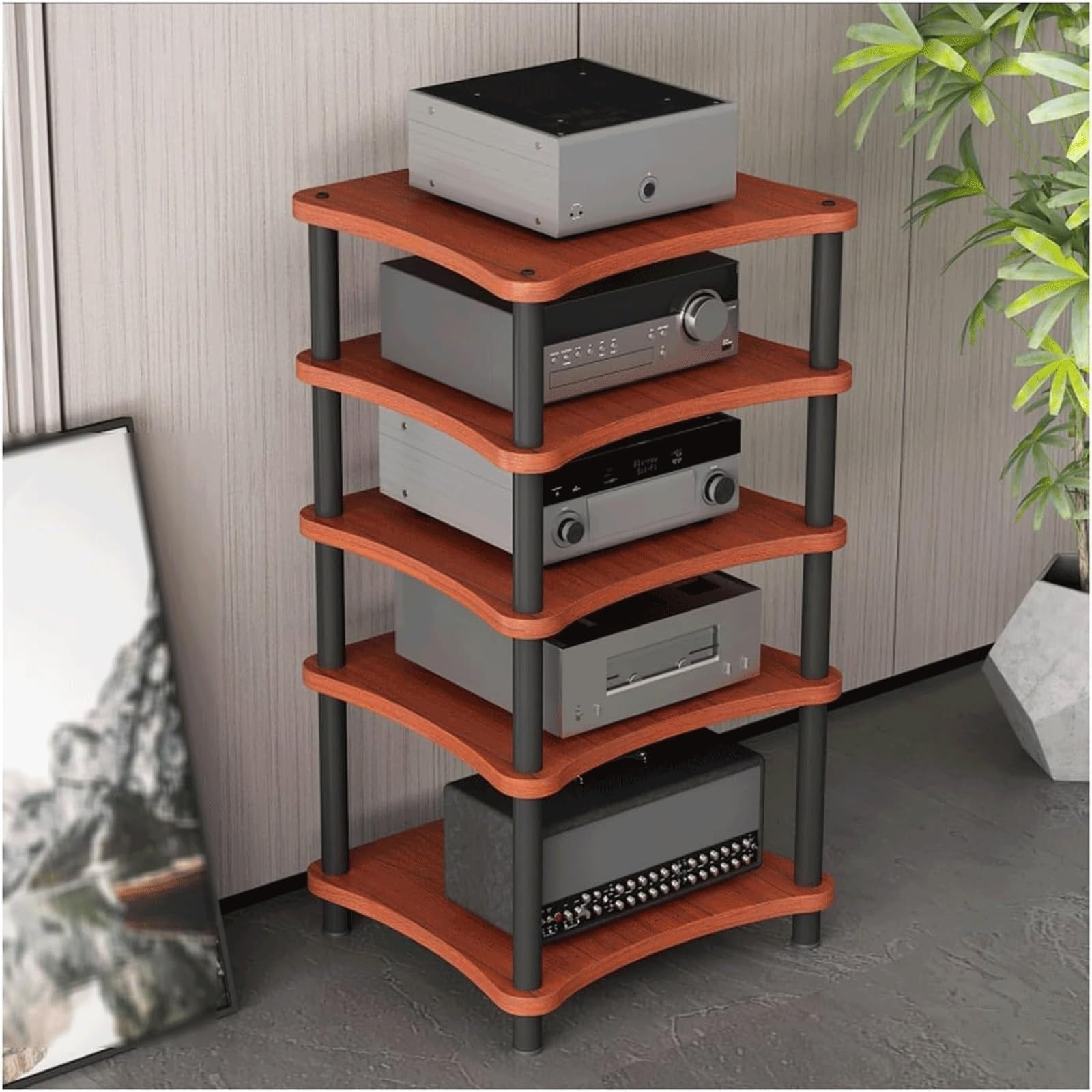 Scaffale AV in legno a 5 ripiani, scaffale aperto per apparecchiature HiFi, Home Theater e sistemi musicali, robusto armadio marrone per una memorizzazione audio e video ottimale