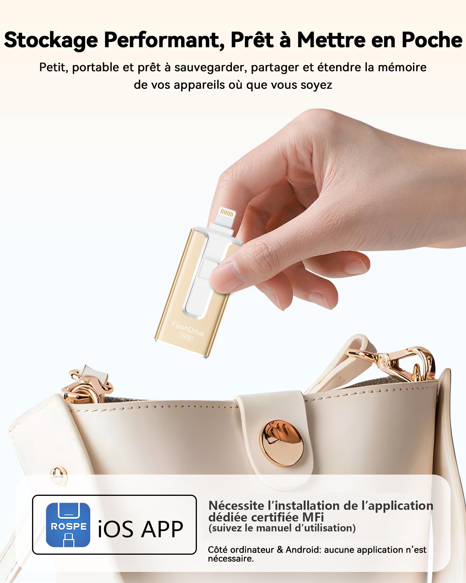 SUDEHO Chiavetta USB-C da 256 GB, chiavetta USB per iPhone, MFi certificata (oro) | Design 3 in 1 per iPhone, iPad, USB-C, Android e PC. Trasferimento ad alta velocità di foto, video e file.