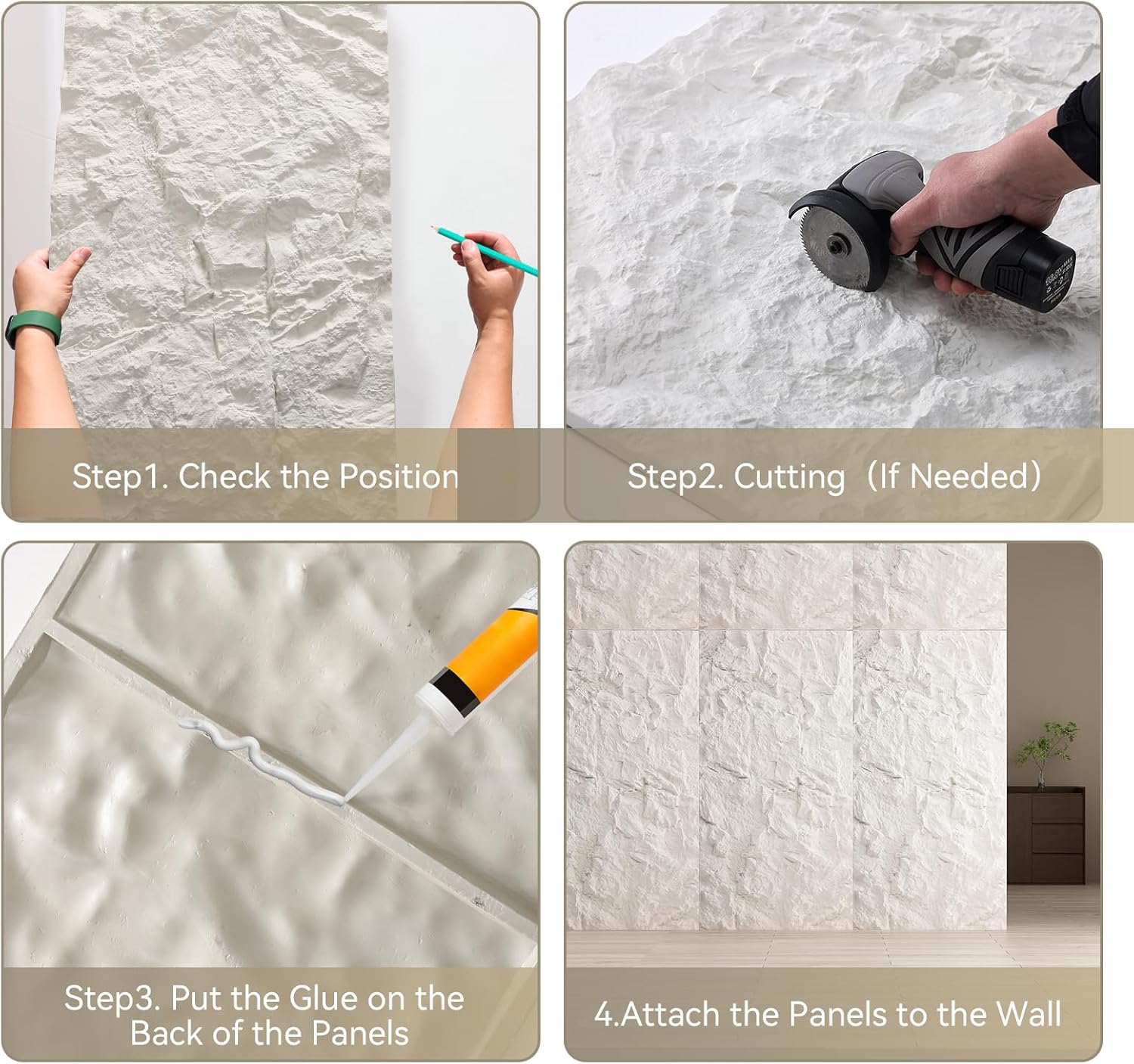 OUZUGIE 4 PCS Faux Stone Wall Panel 47.2’’ x 23.6’’ Interior Exterior Wall Decor 3D PU Panel with Mountain Rock Design White