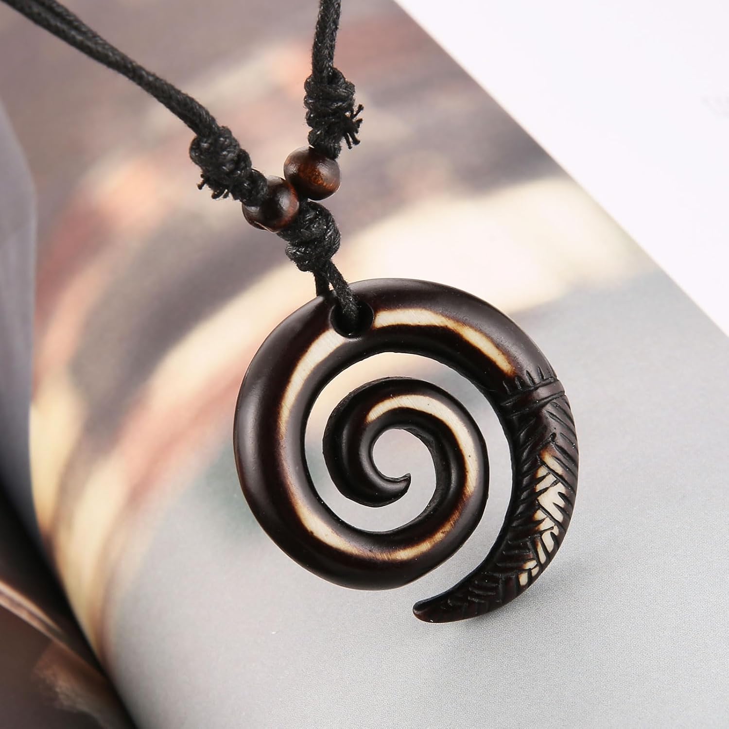 STWTR Pendant Necklace for Men and Women Tribal Style Antique Engraved Spiral Swirl Hook Pendant Necklace - Image 3