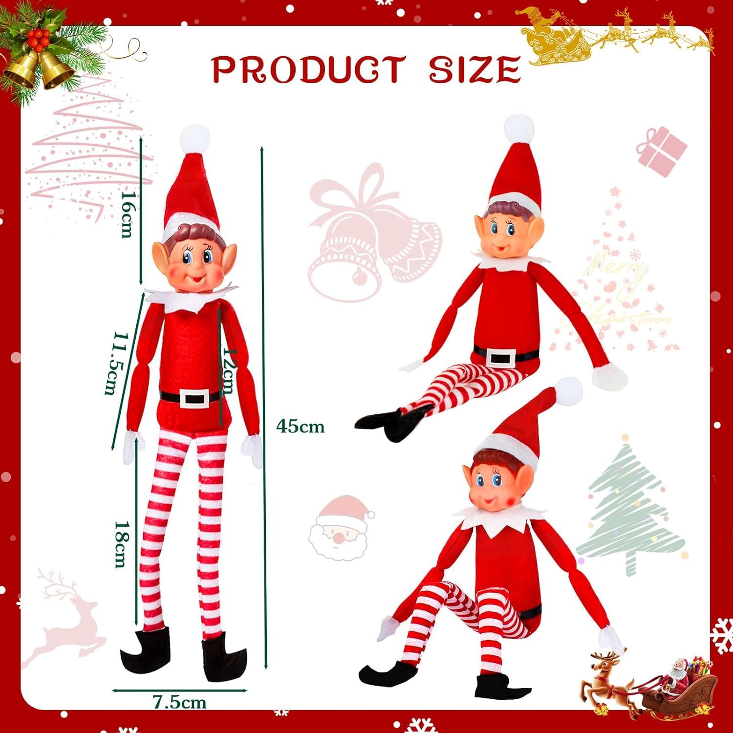 2 Lutins De Noël 45 Cm - Rouge Et Vert, En Tissu Souple Et Tête En Vinyle, Décoration Festive Maison