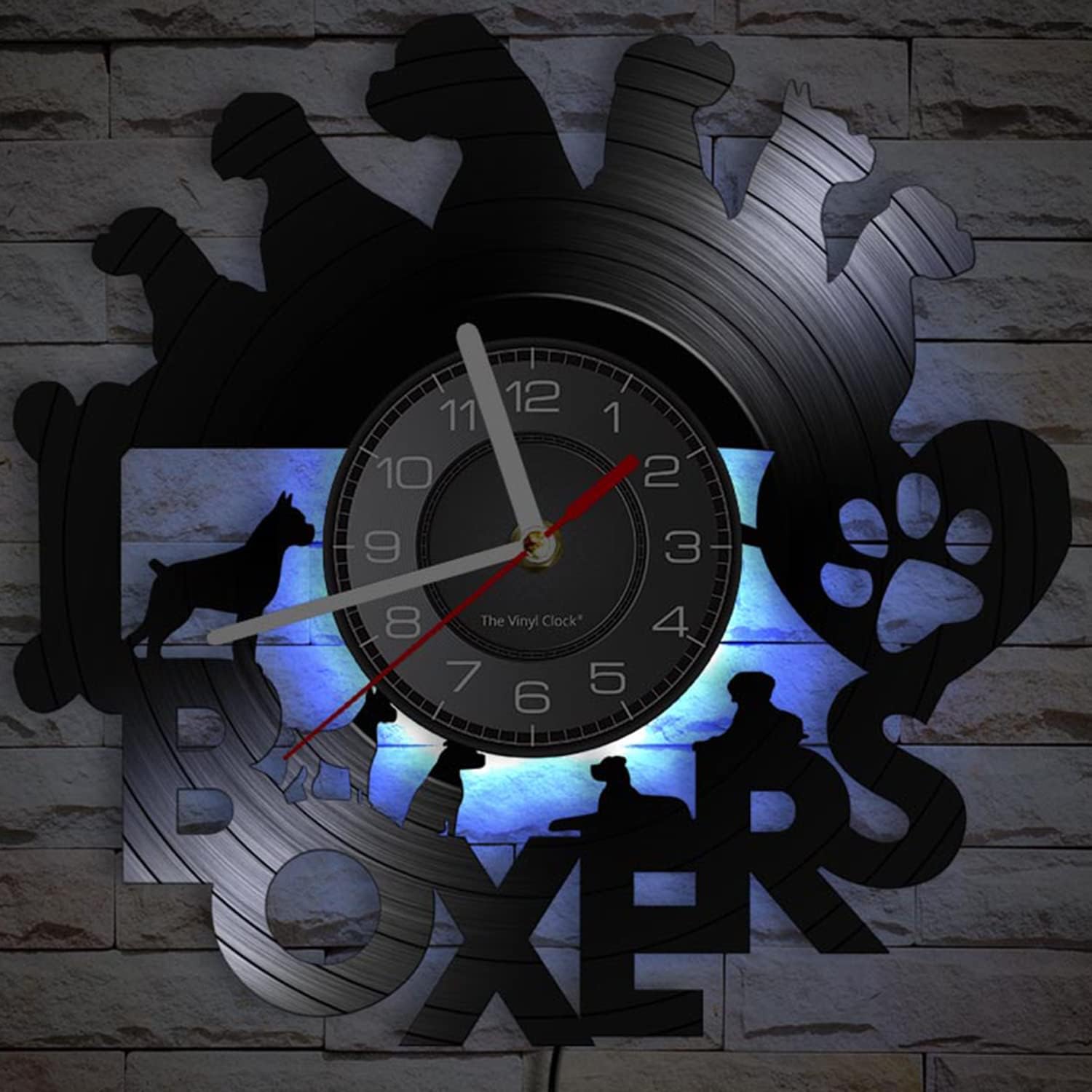 12 Inch I Love Boxes Dog LED Vinyl Record Wall Clock with 7 Colors Luminous Modes, Vintage Boxer Dog Lights Wall Clock Puppy Dog Watch for Dog Lovers Gift Kids Room Living Room Bedroom Decor
