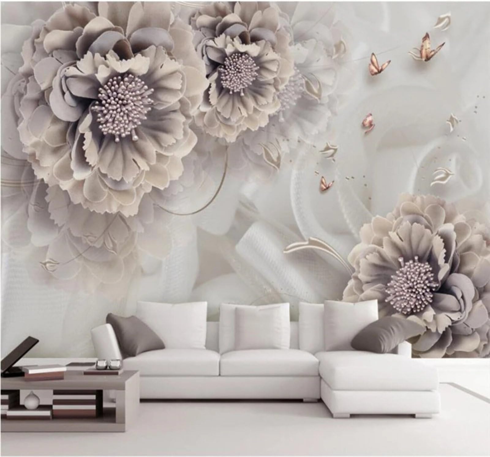 Wallpaper-3D-Xlm 250Cm×170Cm(B×H) Relief Three Dimensional Minimalist Peony Butterfly 3D Wallpaper Easy Install Feature Office Living Room Sofa Bedroom Tv Background Wall Decoration-250Cm×170Cm