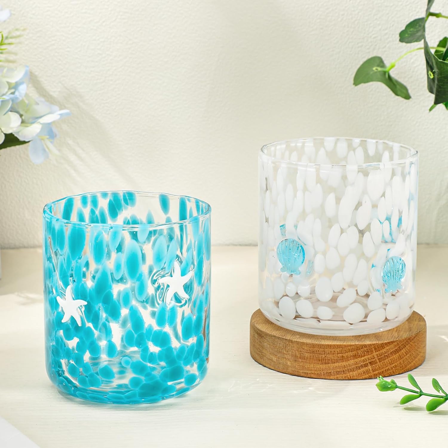 Whaline 2Pcs Ocean Icon Juice Glass 14 Oz Starfish Seashell Wine Glass Stemless Cocktail Drinking Cups for Home Party Favors Gift Supplies - Image 4