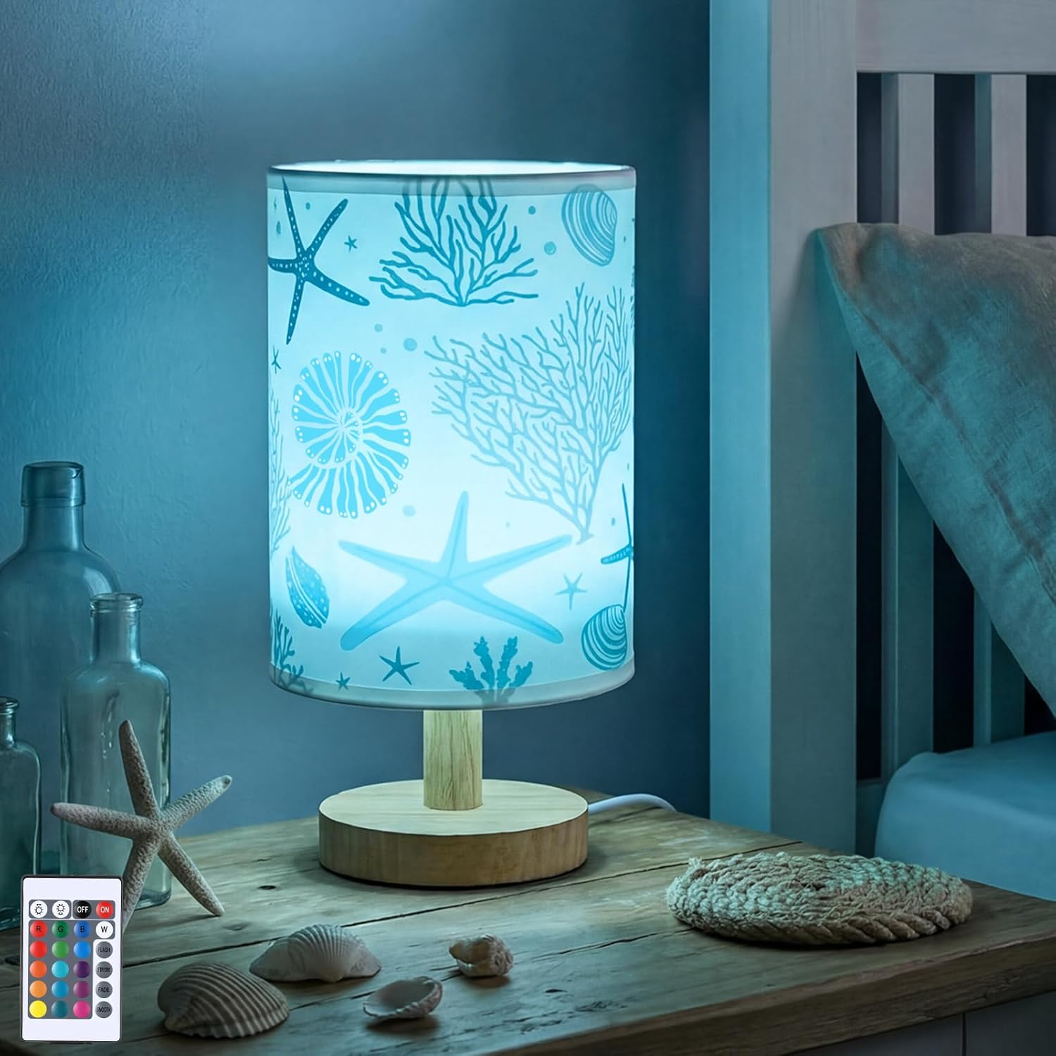 VIHOSE Ocean Table Lamp Beach Starfish Seashell Blue Night Light with Wood Base, 16 Color Dimmable Led, Fabric Shade Bedside Desk Lamp for Living Room Bedroom Home Decor Office Birthday Gifts