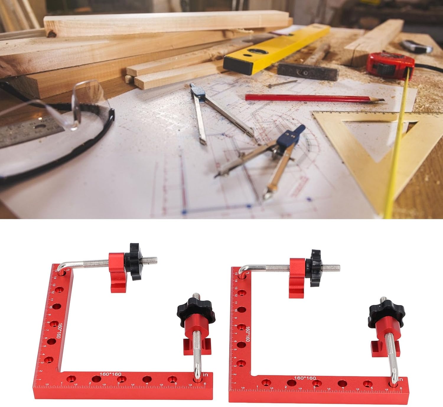 2 Set 160 X 160mm Clamping Squares Aluminum Alloy 90 Degree Corner Clamp Set, Woodworking L Square with Metric and Imperial Scale, Right Angle Fixture for Cabinets