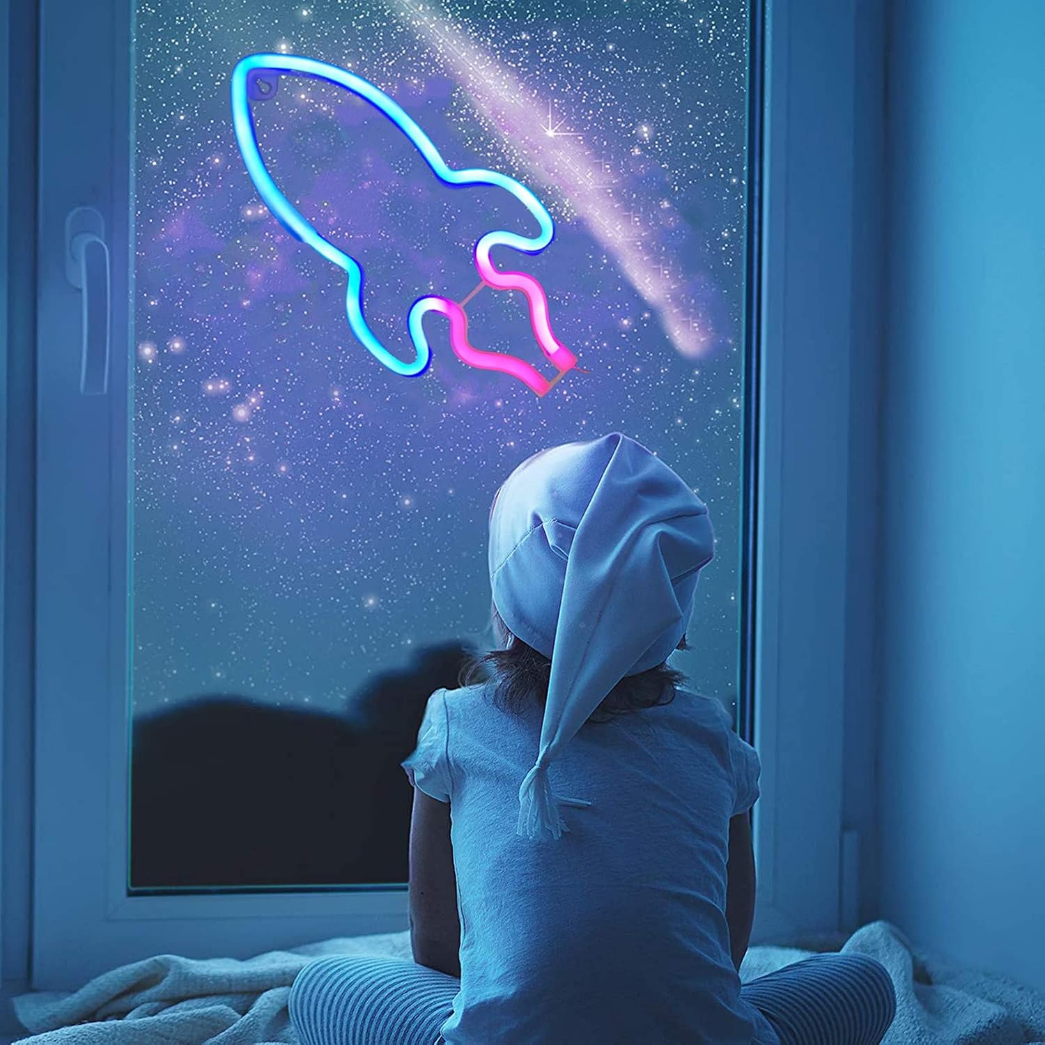 Rocket Planet Neon Signs LED Night Light Pink Blue Hanging Neon Lights USB Charging/Battery Operated Neon Wall Lights Neon Decorative Lights for Home Kid's Room Holiday Birthday Gifts (Rocket)