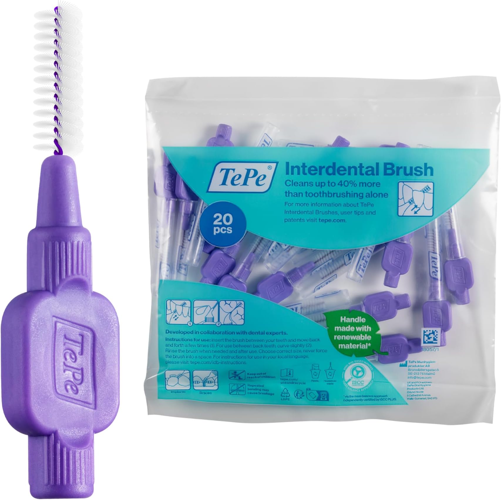 TePe テペ オリジナル歯間ブラシ(1.1mm/パープル 20本入 キャップ付)【正規品】【公式】 | 歯垢除去、歯の間を効果的に洗浄、大きな隙間用ブラシ