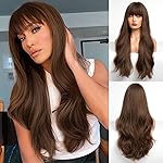 HAIRCUBE Brown Wig with Bangs for Women Brown Long Wavy Hair Wig Wig Curly Wavy Synthetic Wigs for Girls Daily Party Use