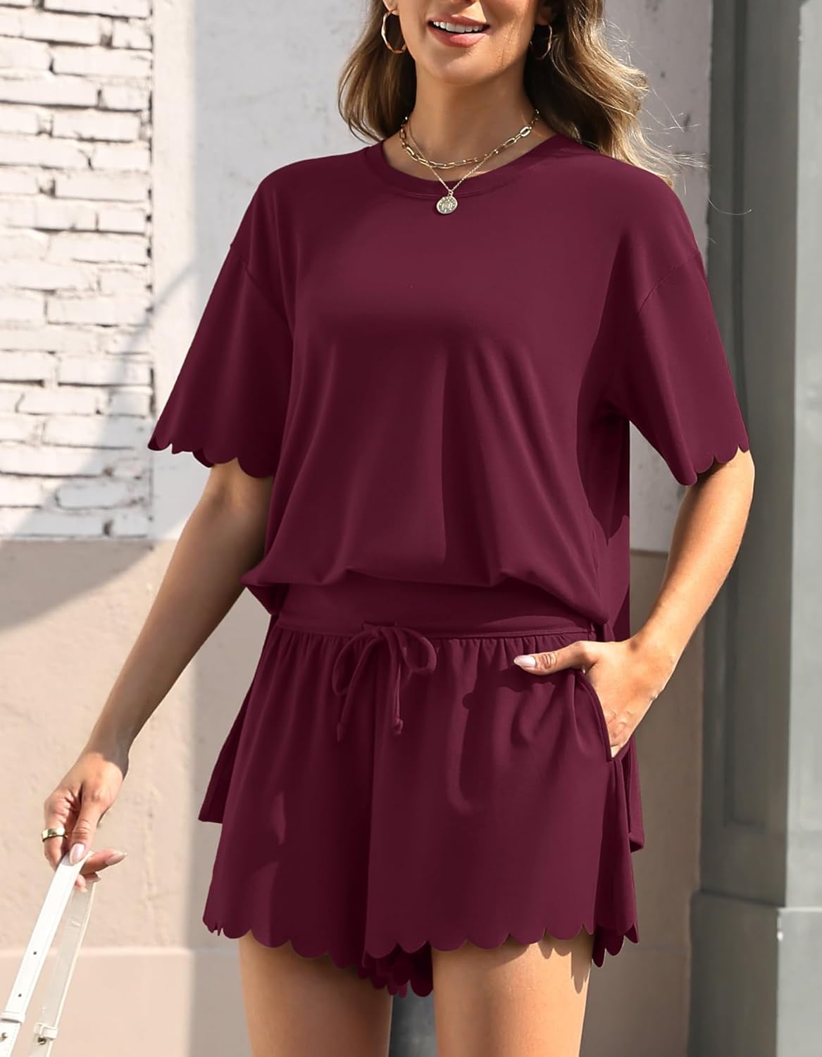 Charmo Two Piece Sets Women Scalloped Maternity Set Vacation Outfits 2026 Side Split Shirt Drawstring Over Belly Short Pocket - Image 3