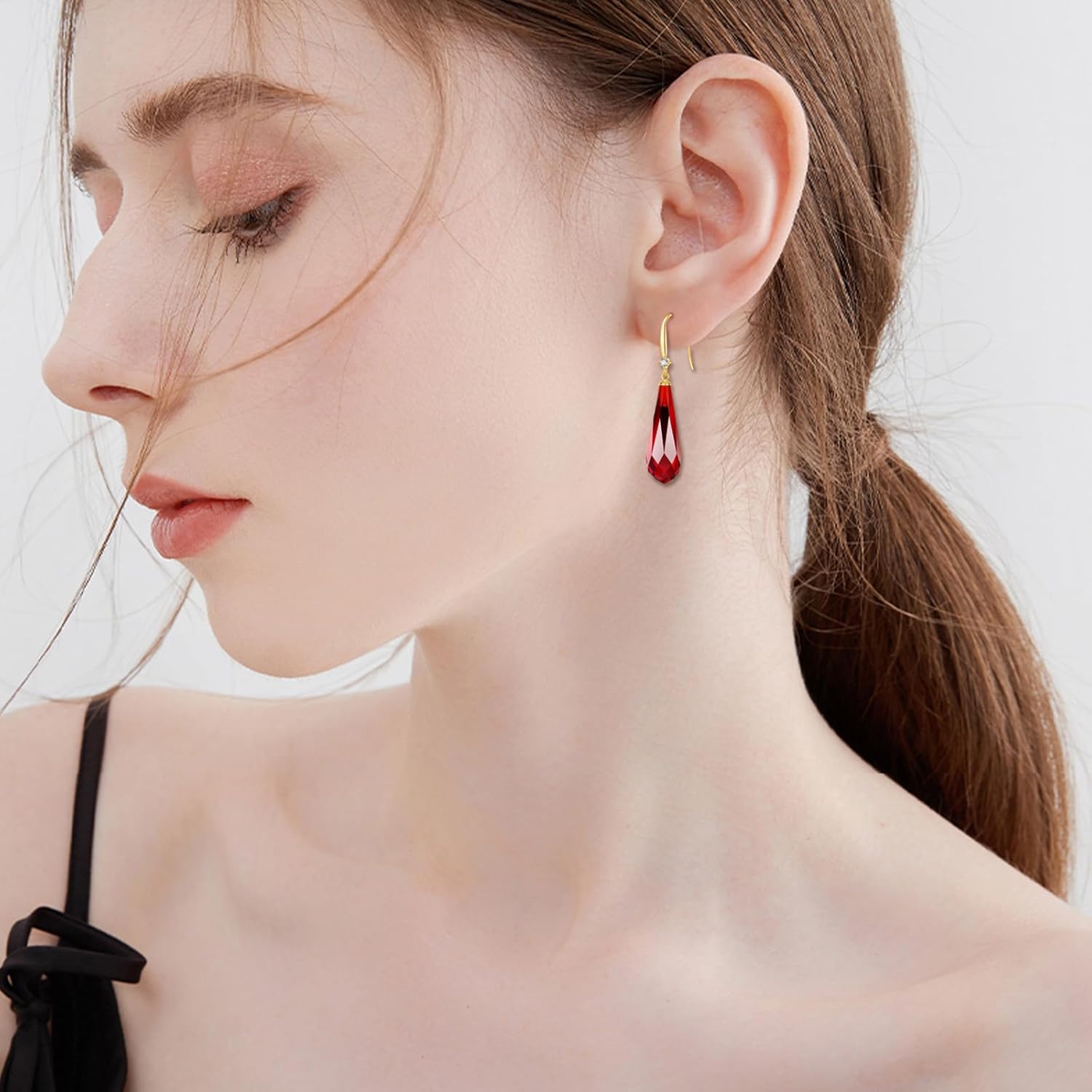 Dovran 14K Gold Garnet Amber Black Onyx Rose Quartz Sapphire Earrings for Women Solid Gold Yellow Blue Black Pink Red Gemstone Wedding Earrings Dangle Real Gold Garnet Jewelry for Birthday