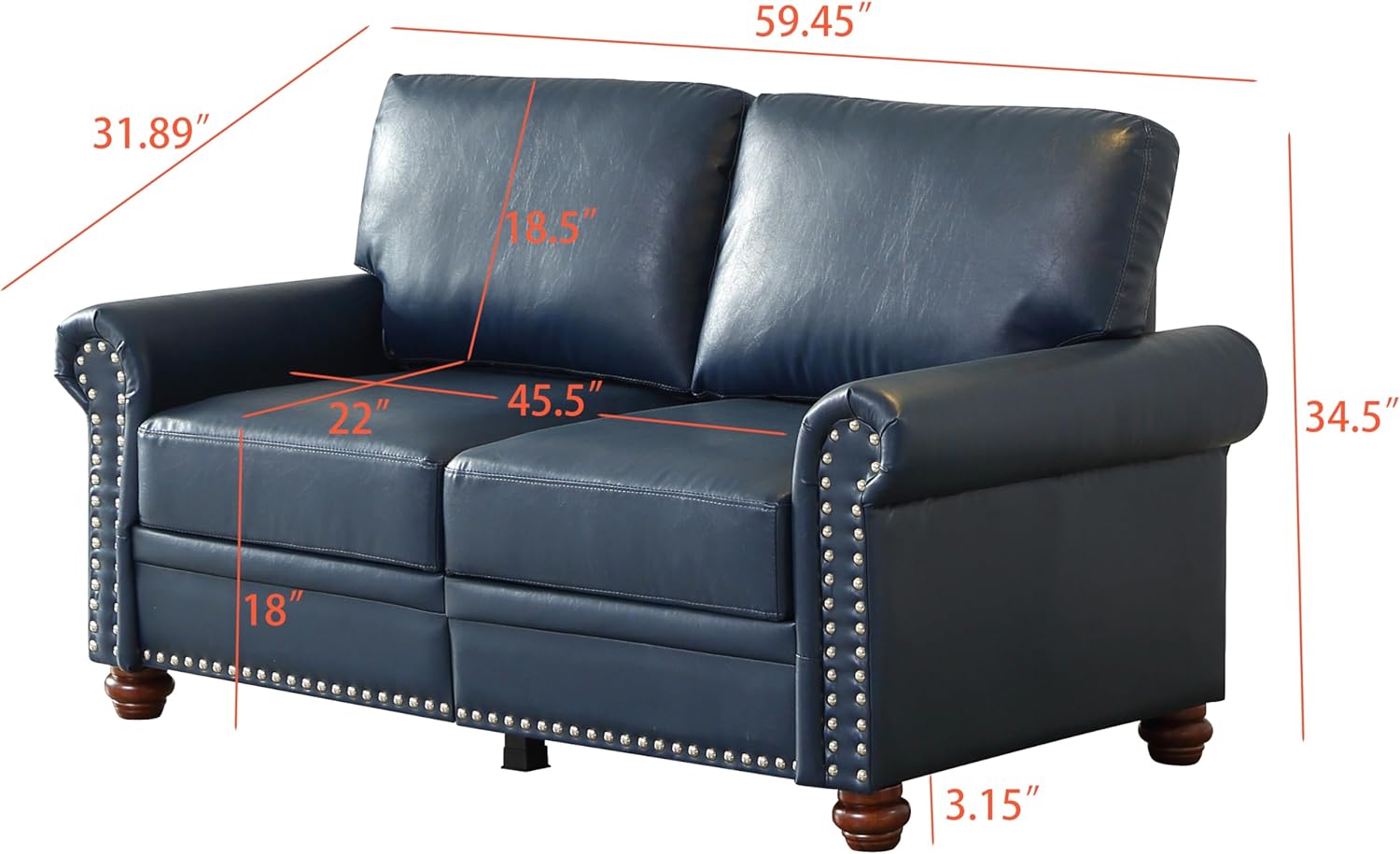 59" Faux Leather Pu Loveseat Underseat Storage Classic Love Seat Couch Elegance 2 Seat with Rolled Armrests Nailhead Trim Wood Legs Traditional Living Room Accent Sofa 2 Seat-Navy Blue