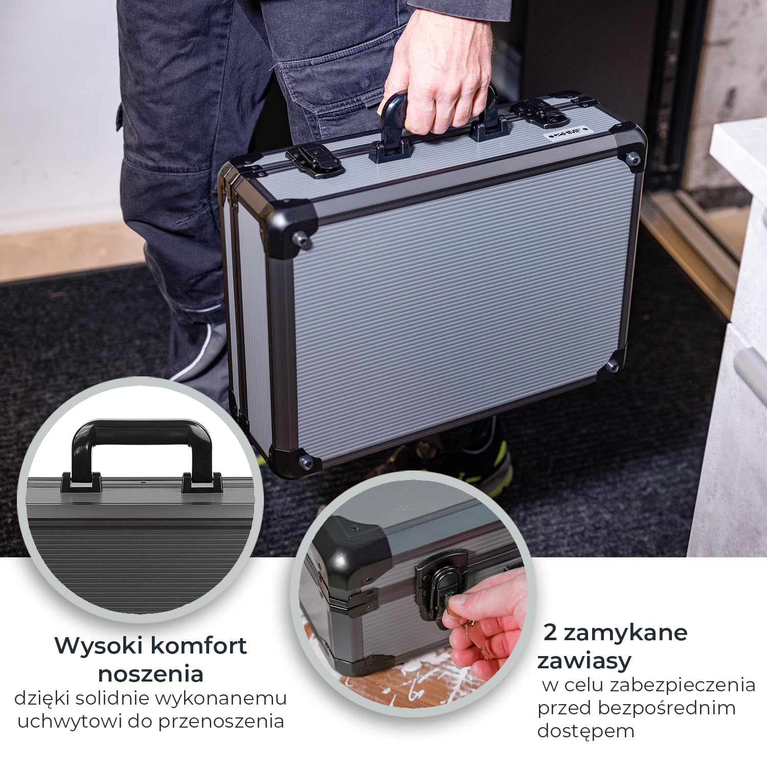 HMF Walizka aluminiowa na narzędzia z 17 wkładkami, Duża walizka z regulowanym podziałem wewnętrznym | 46 x 33 x 15 cm | Antracytowo-czarny