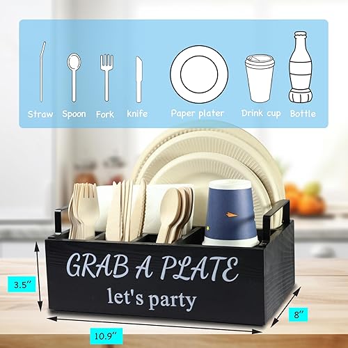 Miniatura 9 de Soporte para platos de papel, organizador de utensilios, dispensador de platos de papel de madera, soporte para cubiertos y caja de accesorios de