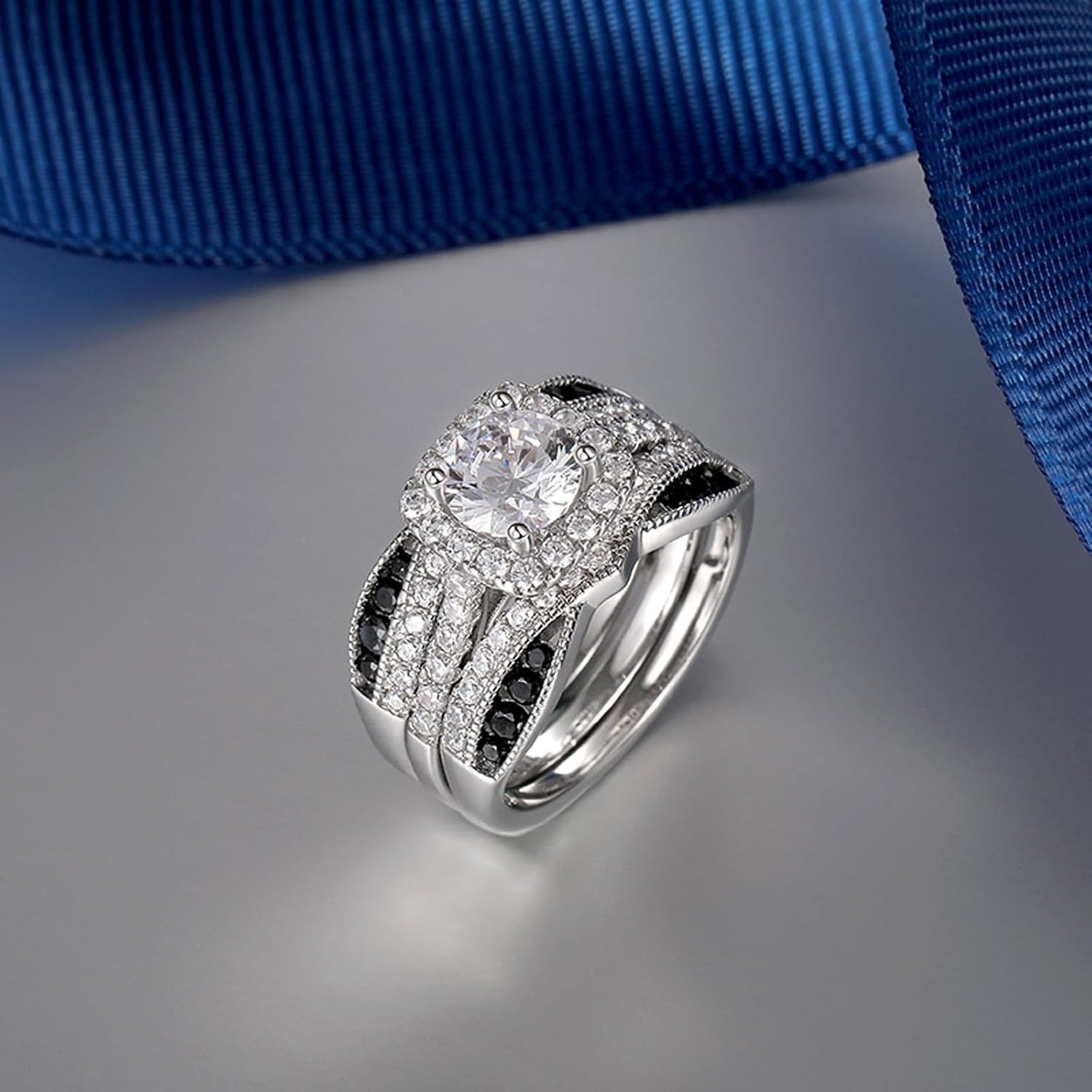 Jeulia 1.9CT Interchangeable Engagement Ring Set - Sterling Silver Black & White Bow Knot Design Wedding Bridal Ring with Gift Box - Image 4