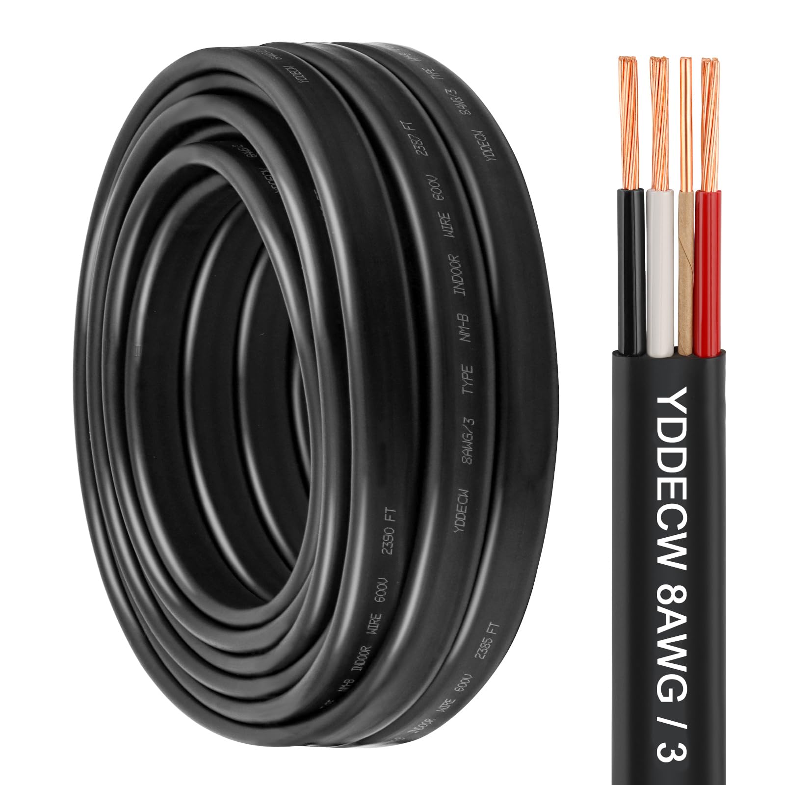 YDDECW 8/3 NM-B Wire with Ground - 25FT 8 Gauge Non-Metallic Sheathed Cable Pure Copper 8 AWG 3 Conductor Residential Indoor Wire for Outlets,