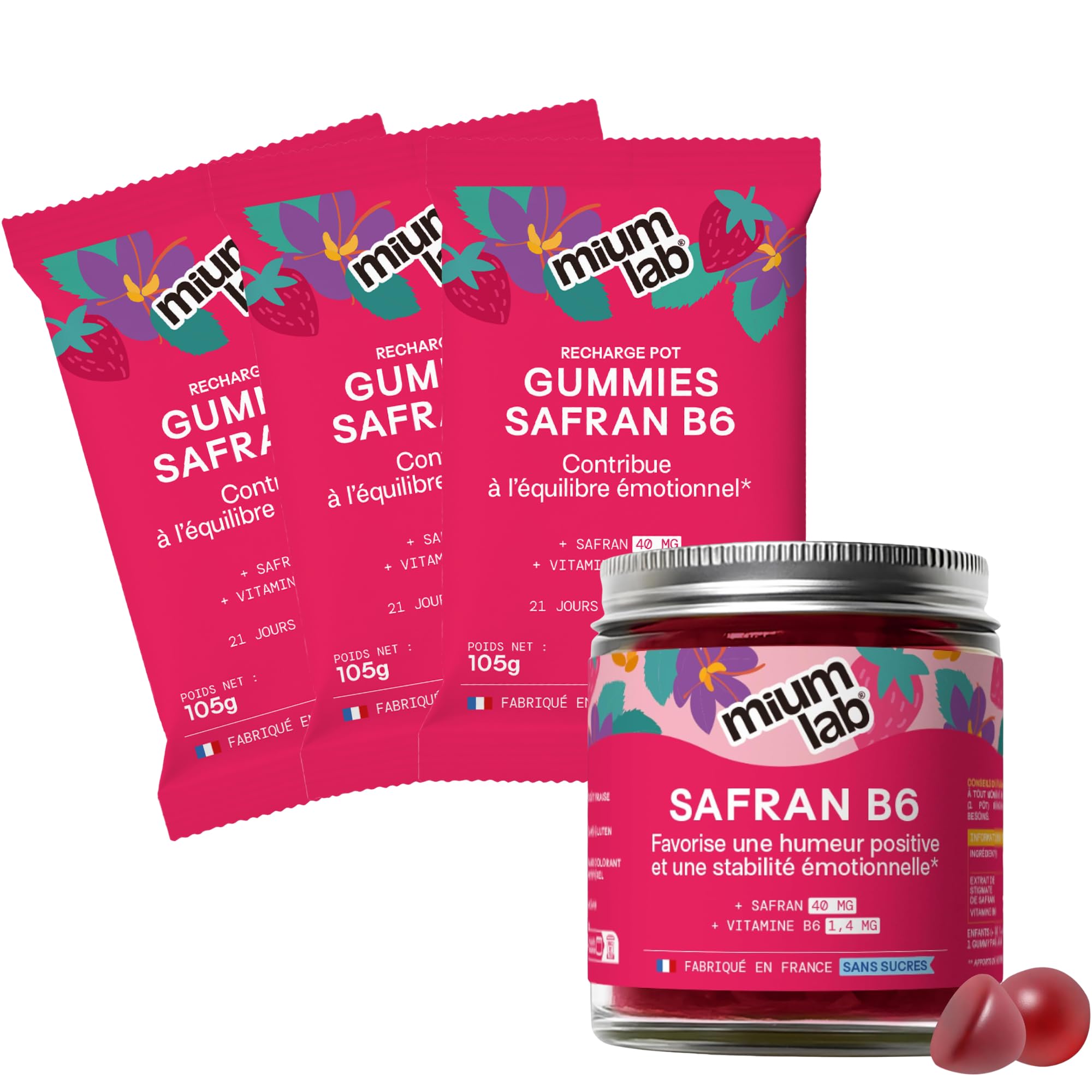 Mium Lab - Gummies Safran B6 - Hautement dosé 40mg Safran et Vitamine B6 - Complément alimentaire Enfants et Adultes - Cure Complète 84 Jours - Sans Sucres - Saveur Fraise Fabriqué en France