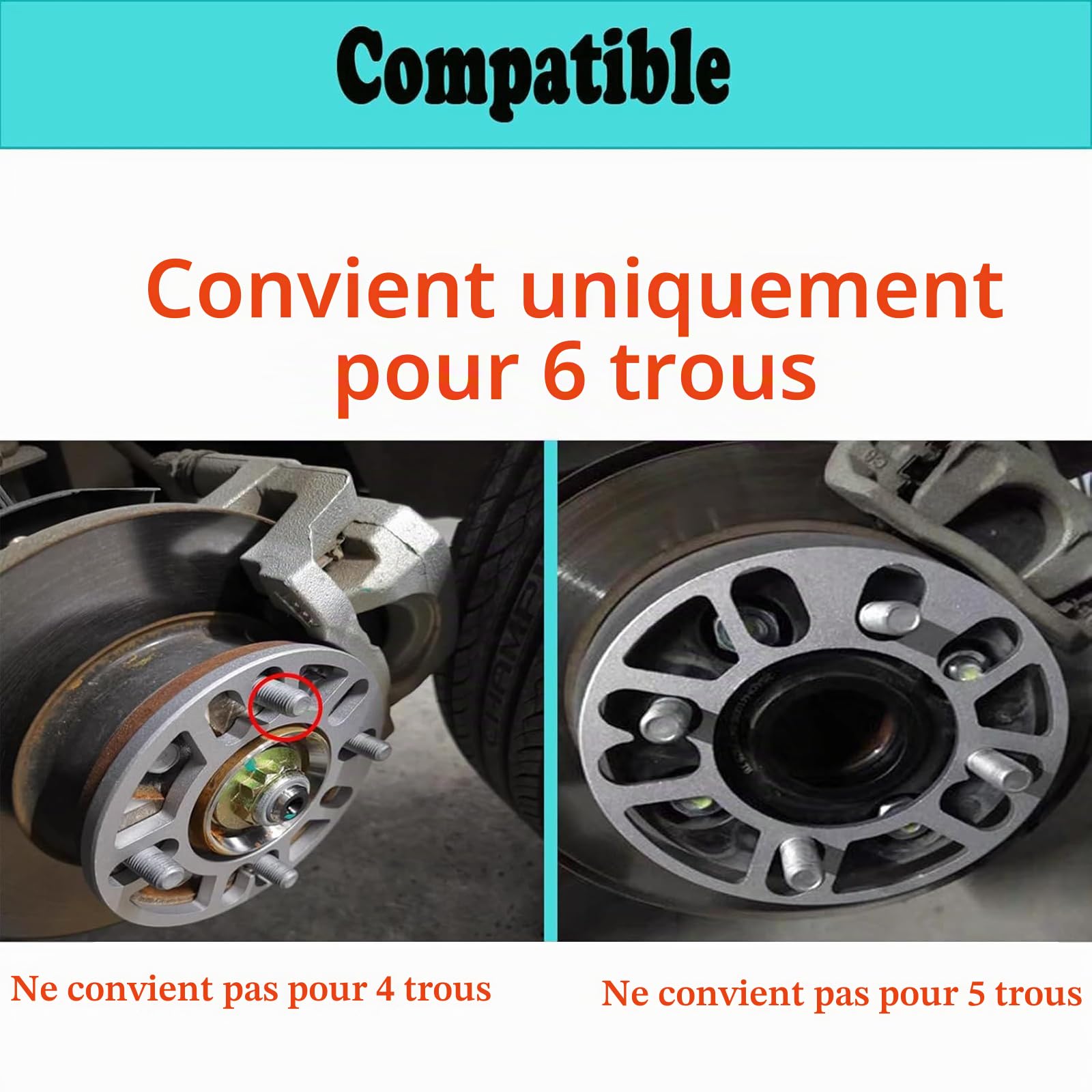 Lot de 4 entretoises de roue de voiture, 6 trous - Rondelles d'écartement universelles - Rondelles d'écartement en alliage d'aluminium (6 mm)