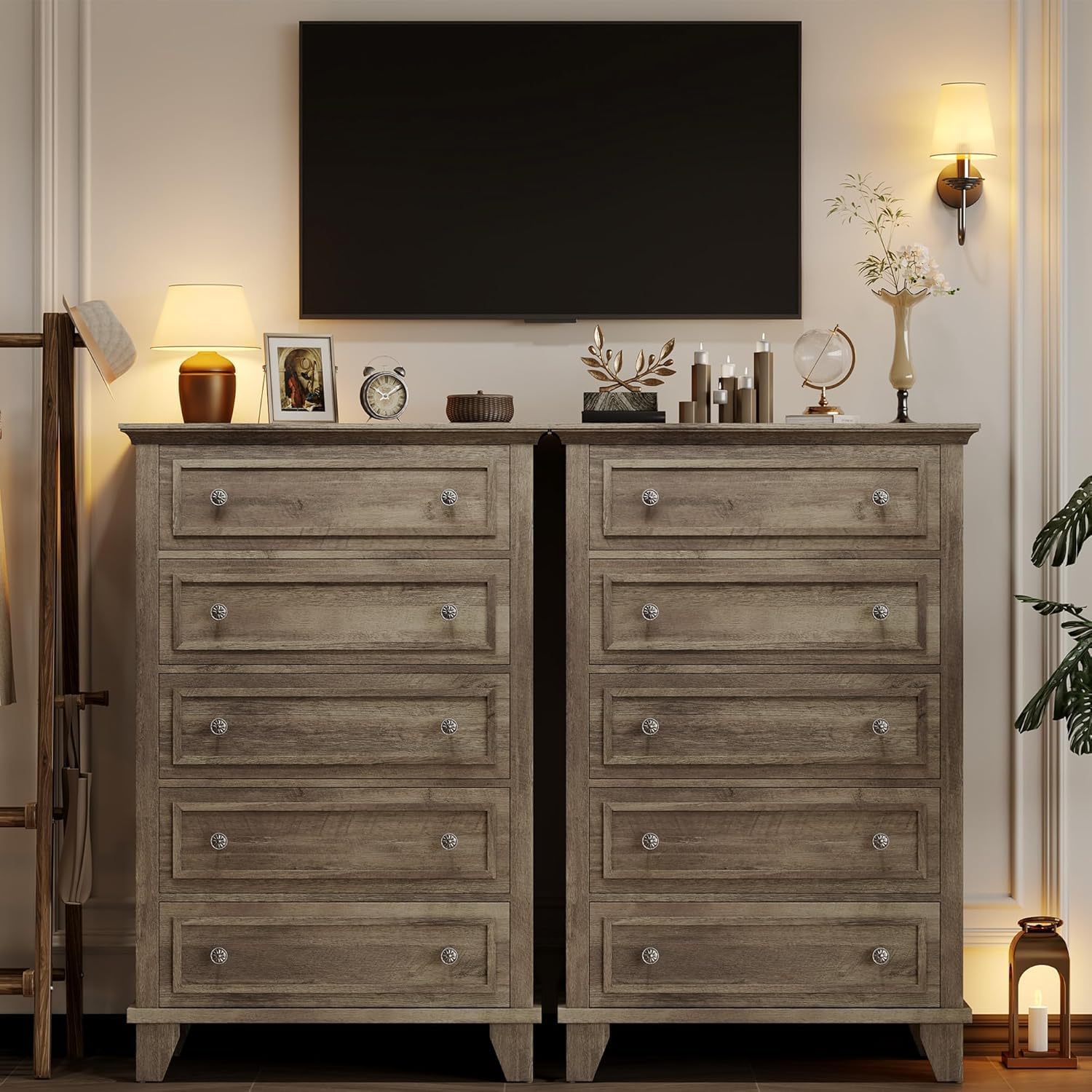 IDEALHOUSE 5 Drawer Dresser, Wooden Storage Chest of Drawers with Exquisite Metal Handles, Tall Storage Cabinet, Modern Design Dresser for Bedroom, Living Room, Hallway, Entryway, Grey