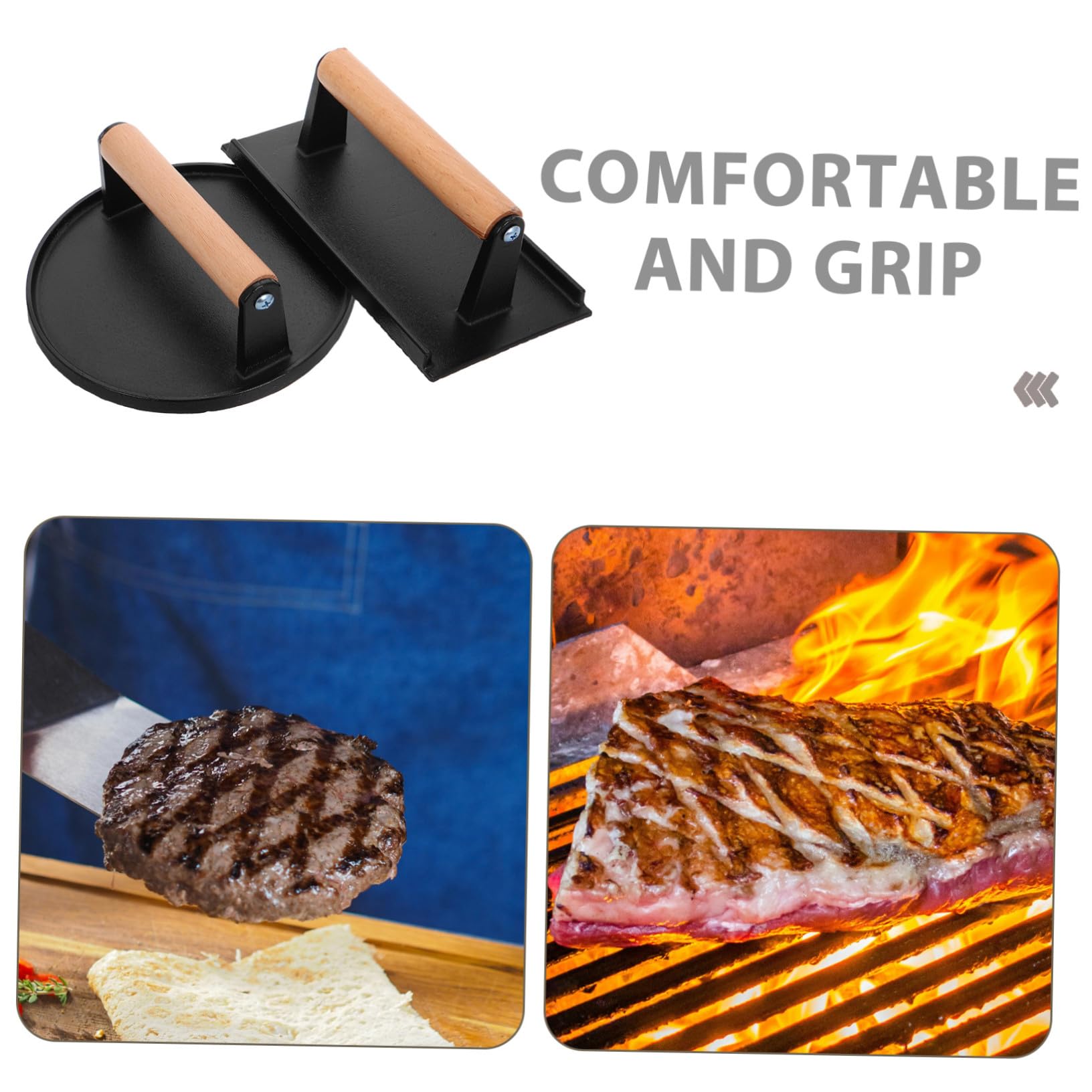 2 Prensas para Barbacoa de Hierro Fundido con Mango de Madera, Prensa para Hamburguesas y Alimentos, Formas Redonda y Rectangular, Alta Resistencia para Cocina