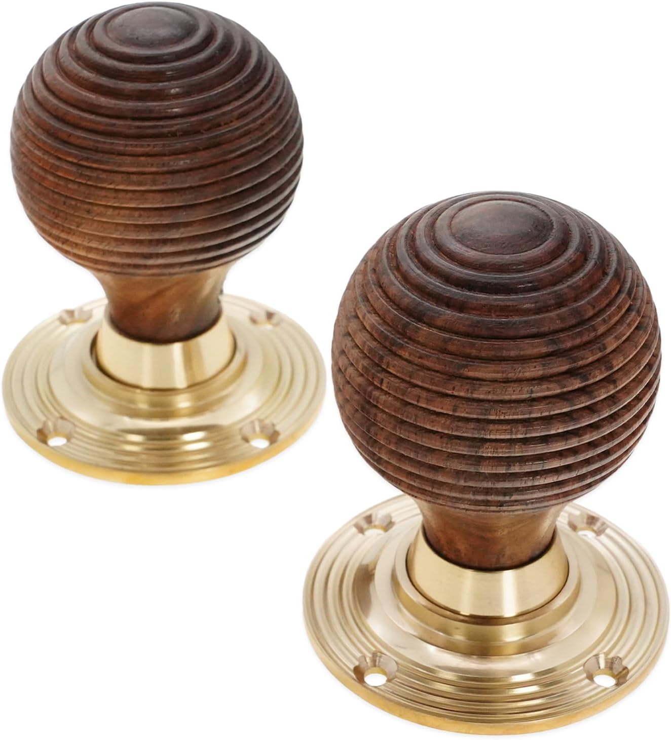 Infinity Decor Pair of Traditional Style Rosewood Beehive Rim Door Knobs Set 55mm - Polished Brass Rose Door Handles Ideal for Internal & External Doors