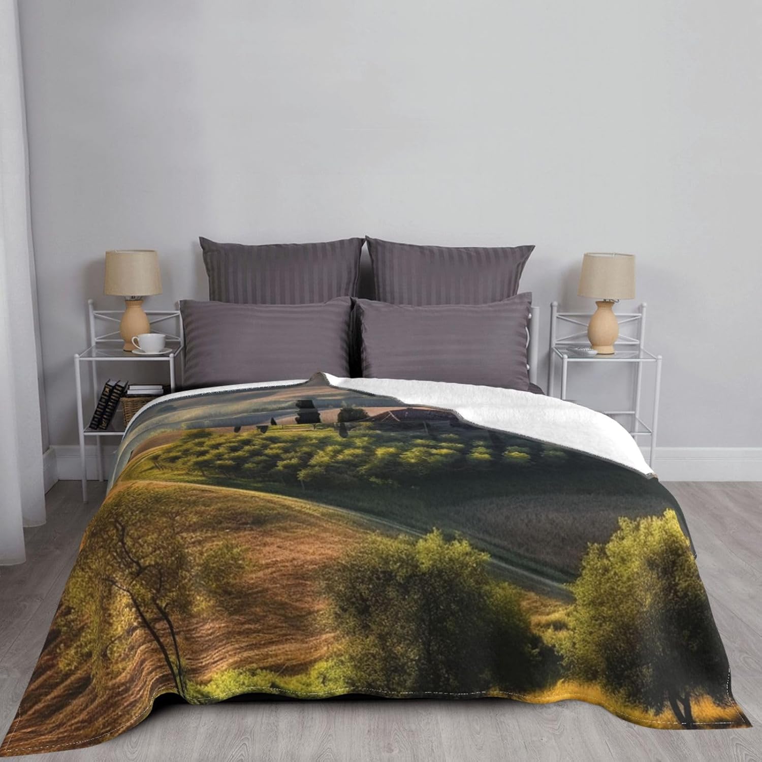 Tuscany Landscape Tree Scenery Farm Print Flannel Blanket Ultra-Soft Warm Throw Blanket Cozy Lightweight Travel Blanket All Seasons Blanket for Couch Bed Sofa Camping Office Gift