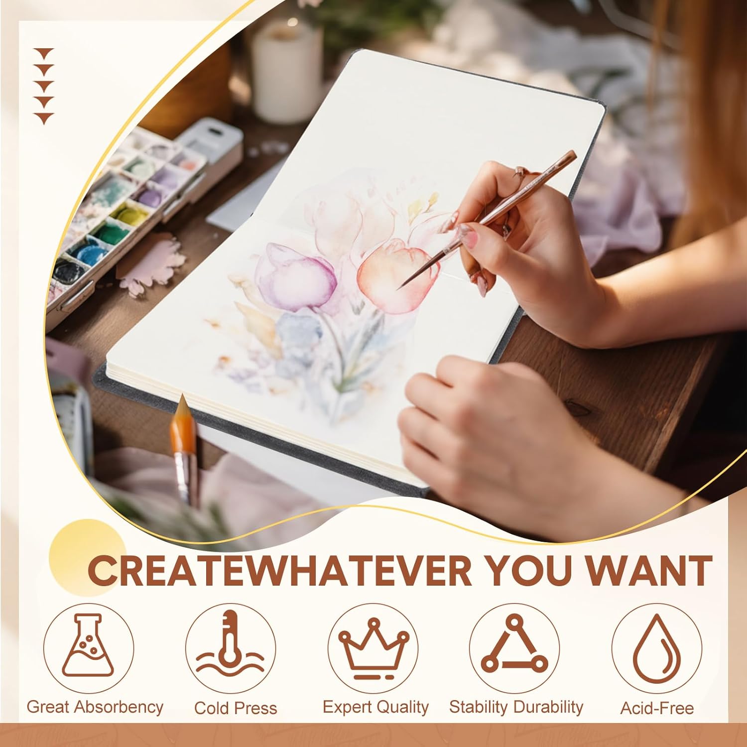 Tenceur 4 Pcs 5.5" x 5.5" Watercolor Sketchbook Journal Square Watercolor Notebook Cold Press 140lb 300gsm Cotton Paper 48 Pages Journals Notebook Paper Pads End of The Year Gifts