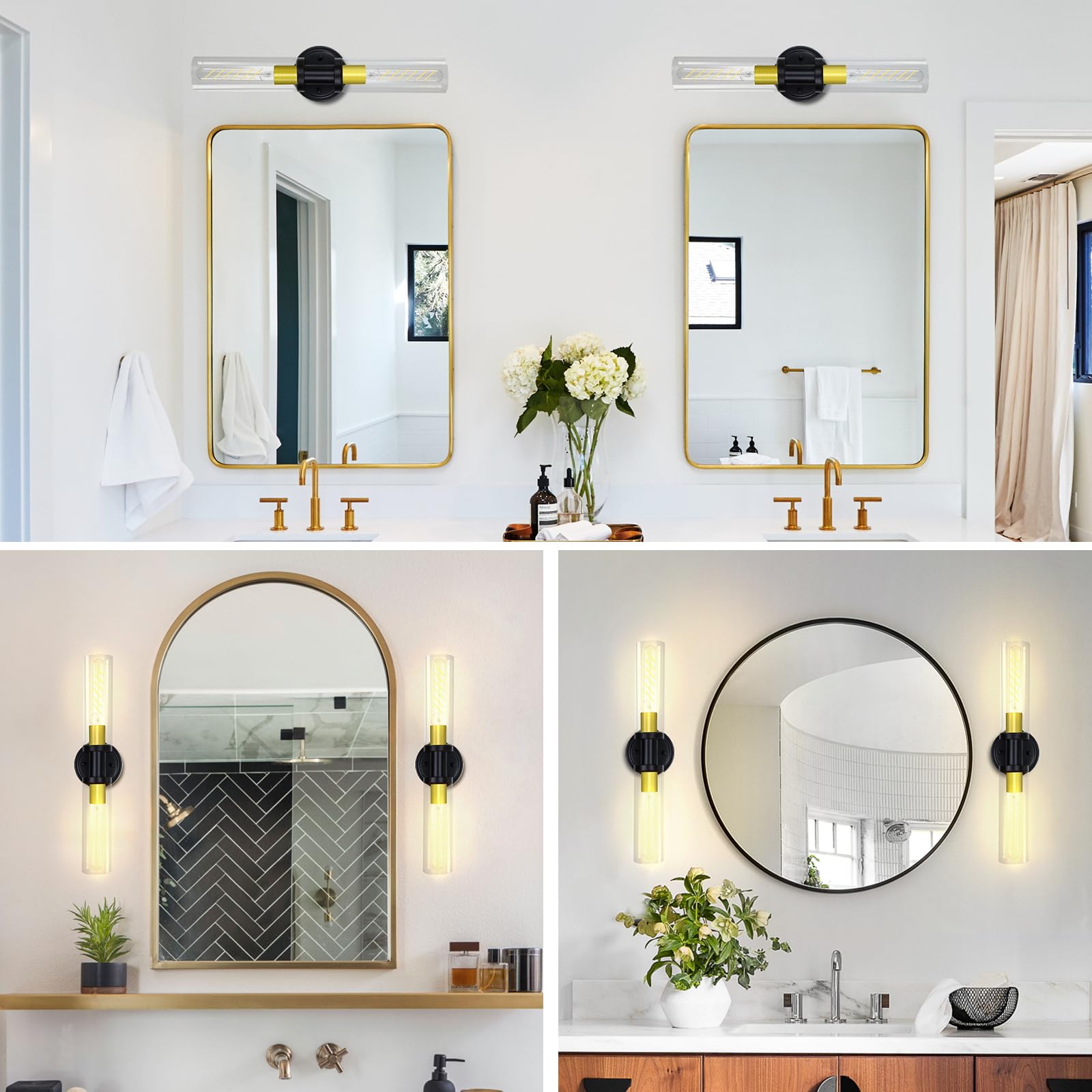 3-Light Bathroom Light Fixtures, Black and Gold Bathroom Wall Lights, Modern Bat 3-Light Bathroom Light Fixtures, Black and Gold Bathroom Wall Lights, Modern Bat