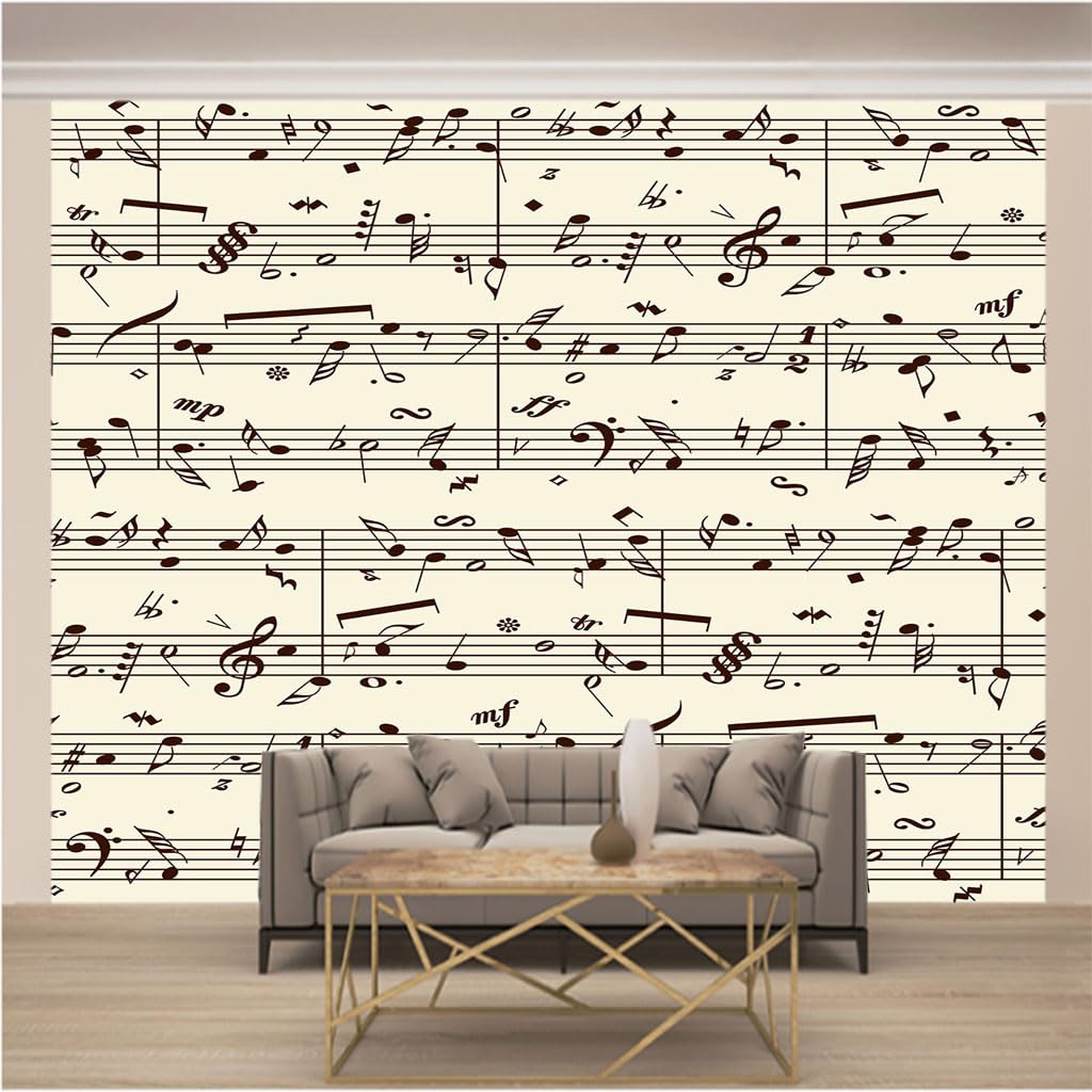 Papier peint intissé 3D pour masquer un mur abîmé de salon avec un décor piano XXL