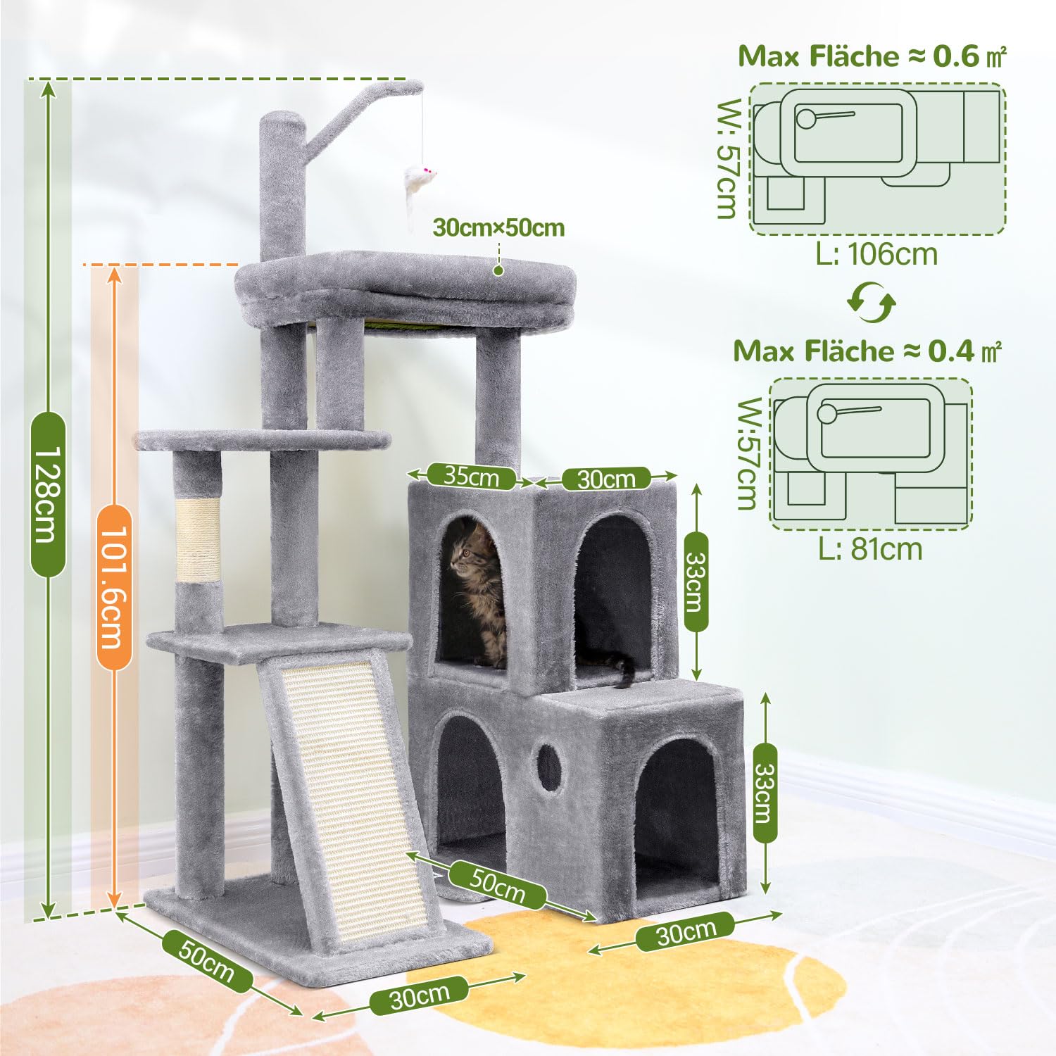 Globlazer Kratzbaum Stabil mit 2 Große Katzenhaus 90° Drehbares, 2 Groß Basis, Gepolsterte Plattform, Sisal Kratzbrett, Katzenspielzeug, Katzenbaum für Katzchen Große Katzen Senioren (F50, Hellgrau)