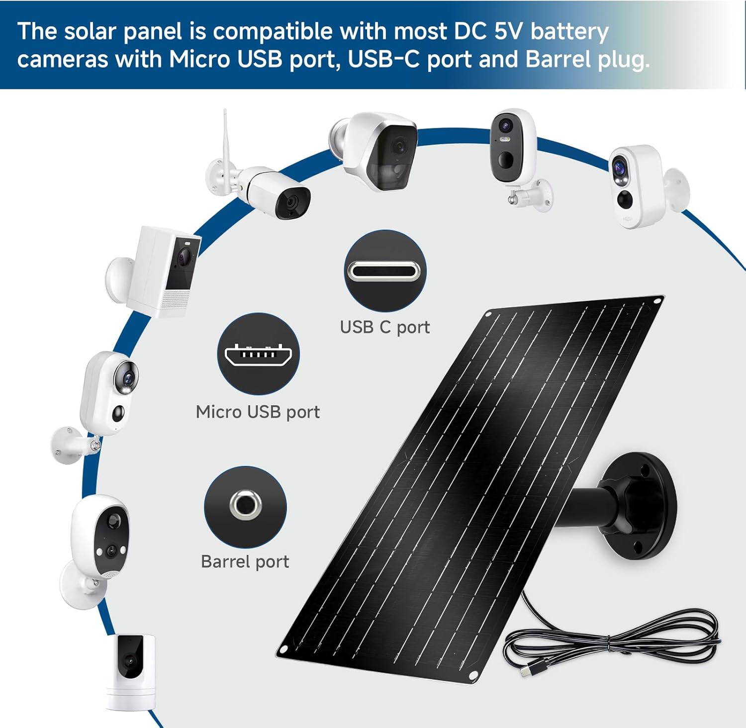 12W Solar Panel for Security Camera, 5V USB-C Solar Charger with Micro USB & Barrel Adapters, Outdoor Weatherproof for Continuous Home and Property Monitoring (2)