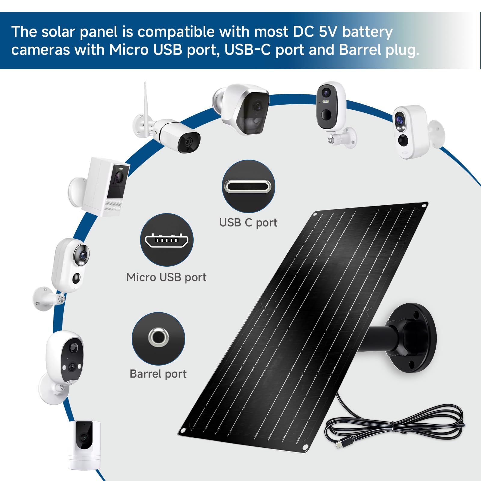 Pannello solare ad alta potenza da 12 W per telecamera di sicurezza, caricatore solare USB-C da 5 V con adattatori micro USB e barile, resistente alle intemperie per il monitoraggio continuo di casa e