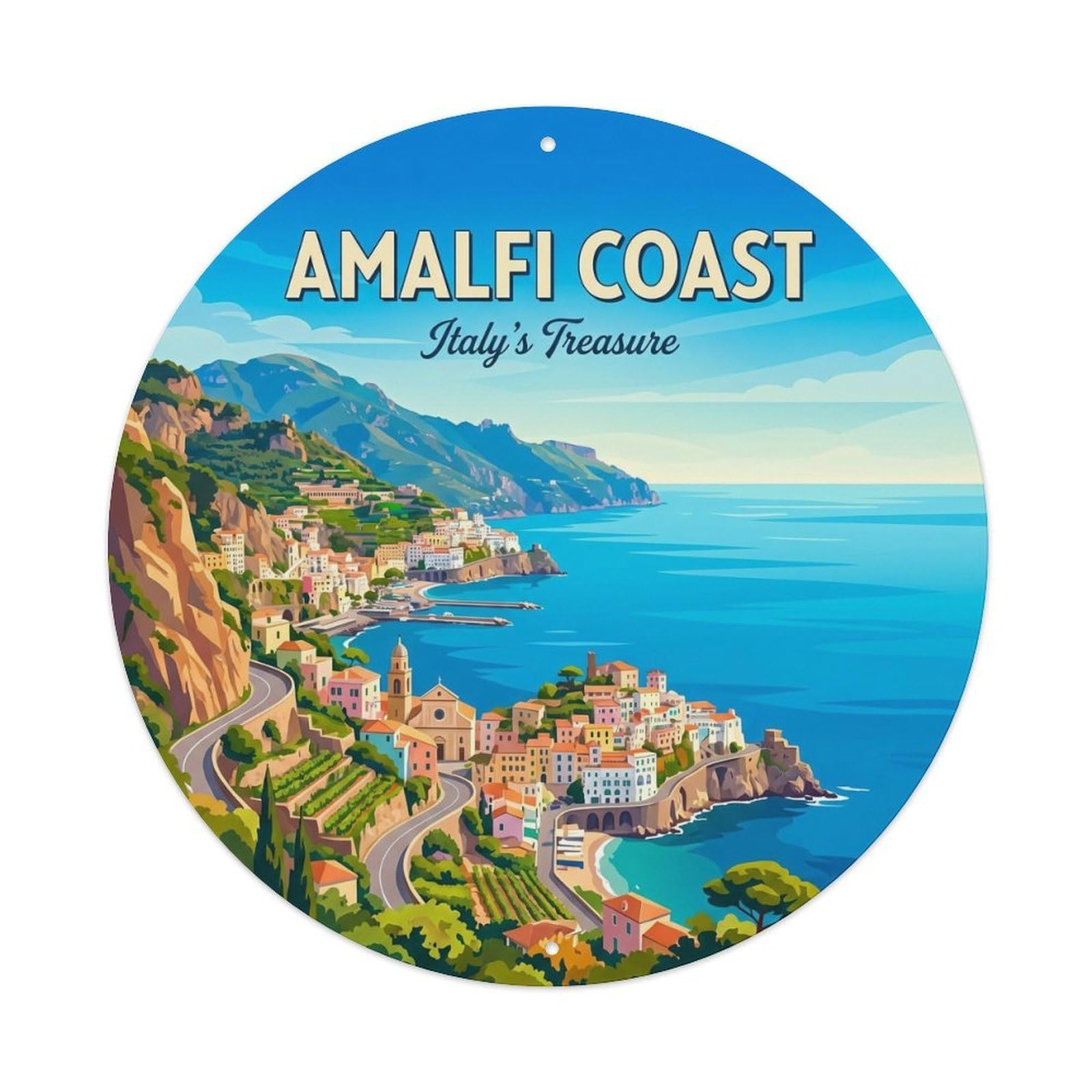 Amalfi Coast Panorama Vista Vintage Travel Mediterranean Metal Tin Sign Plaque Wall Decor for Cafe, Man Cave, Club Bar, Office, Home Garden Round Metal Poster 8x8Inch