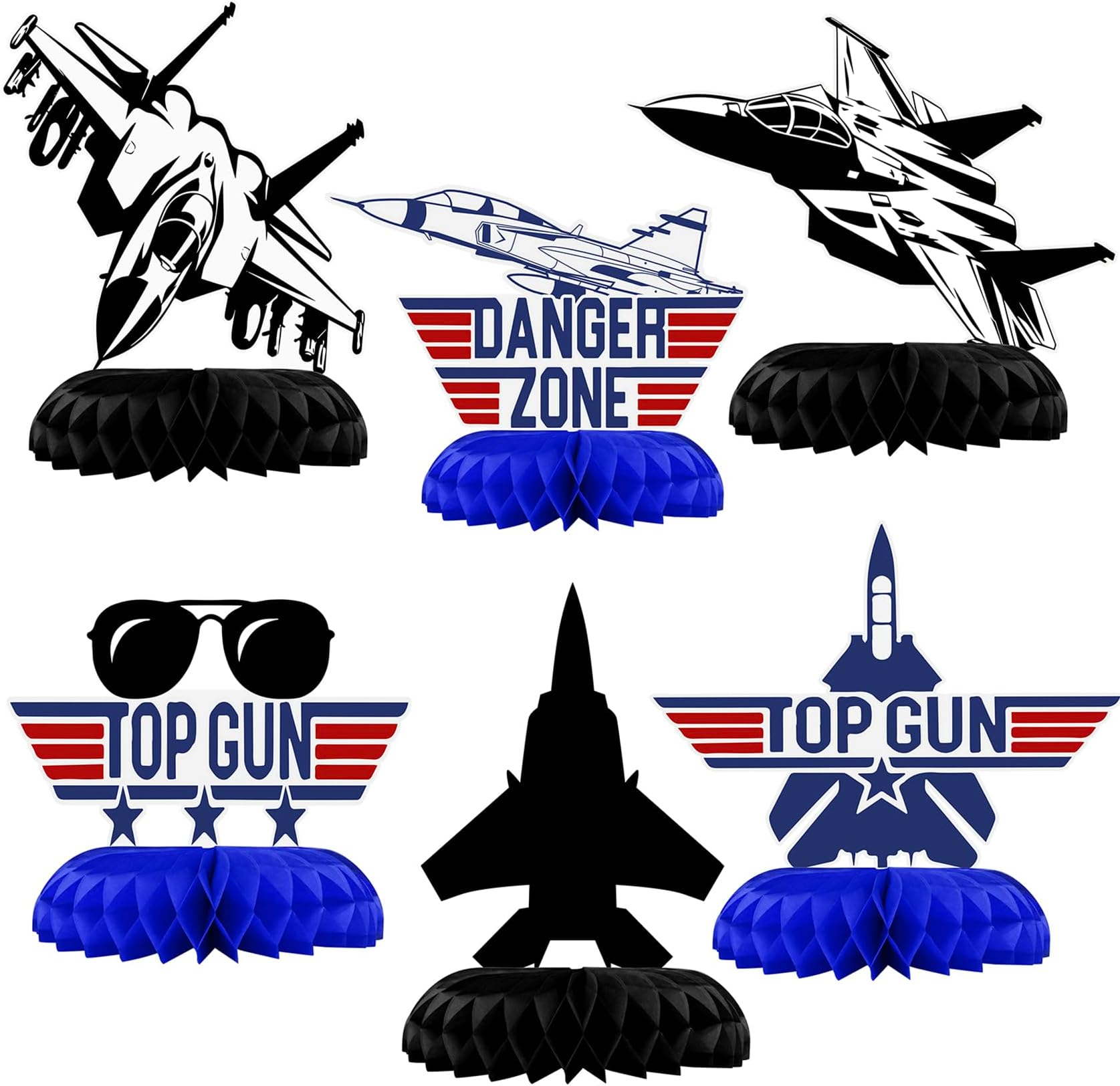 Fighter Pilot Party Honeycomb Centerpieces, 9 Pack Jet Airplane Table Decorations with Danger Zone Signs Airshow Trails Pilot Glasses, Military Jet Birthday Party Supplies for Kids Boys