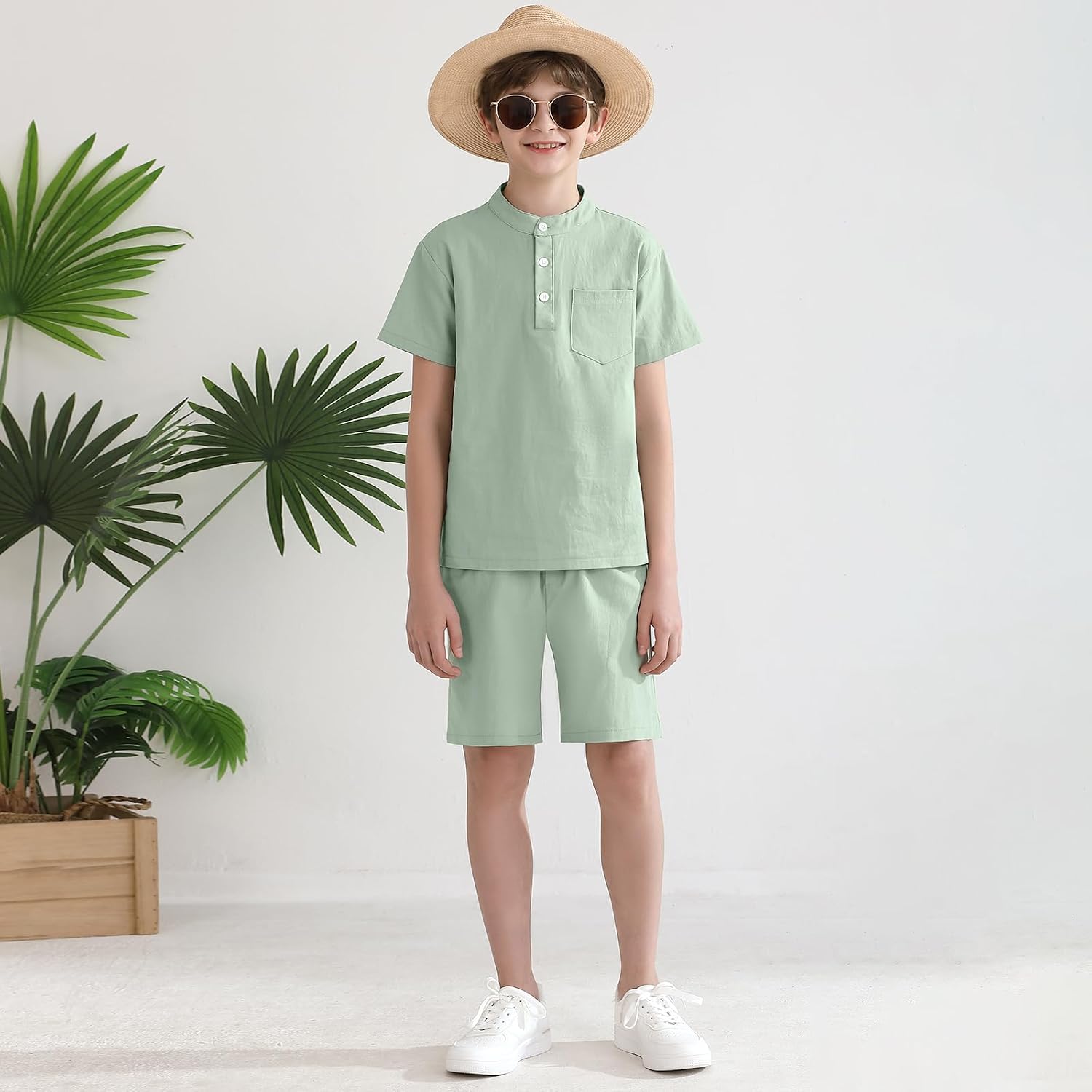 Weixinbuy Boys 2 Piece Summer Shorts Outfits Solid Henley Short Sleeve Shirt Beach Short Suit 5-12 Years Kids Clothes Set