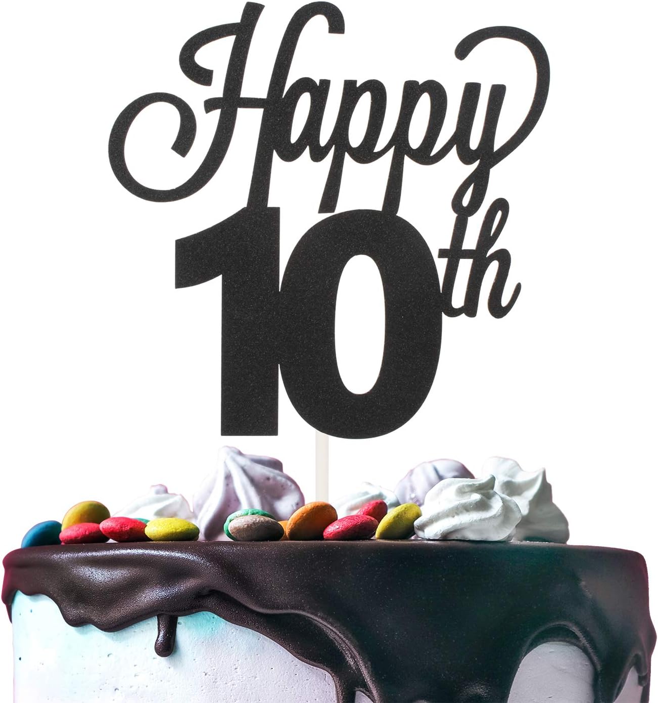 Happy 10th Birthday Black Cake Topper - Cheers to Ten Years Old Birthday Party Gift Centerpieces Decorations Sign.