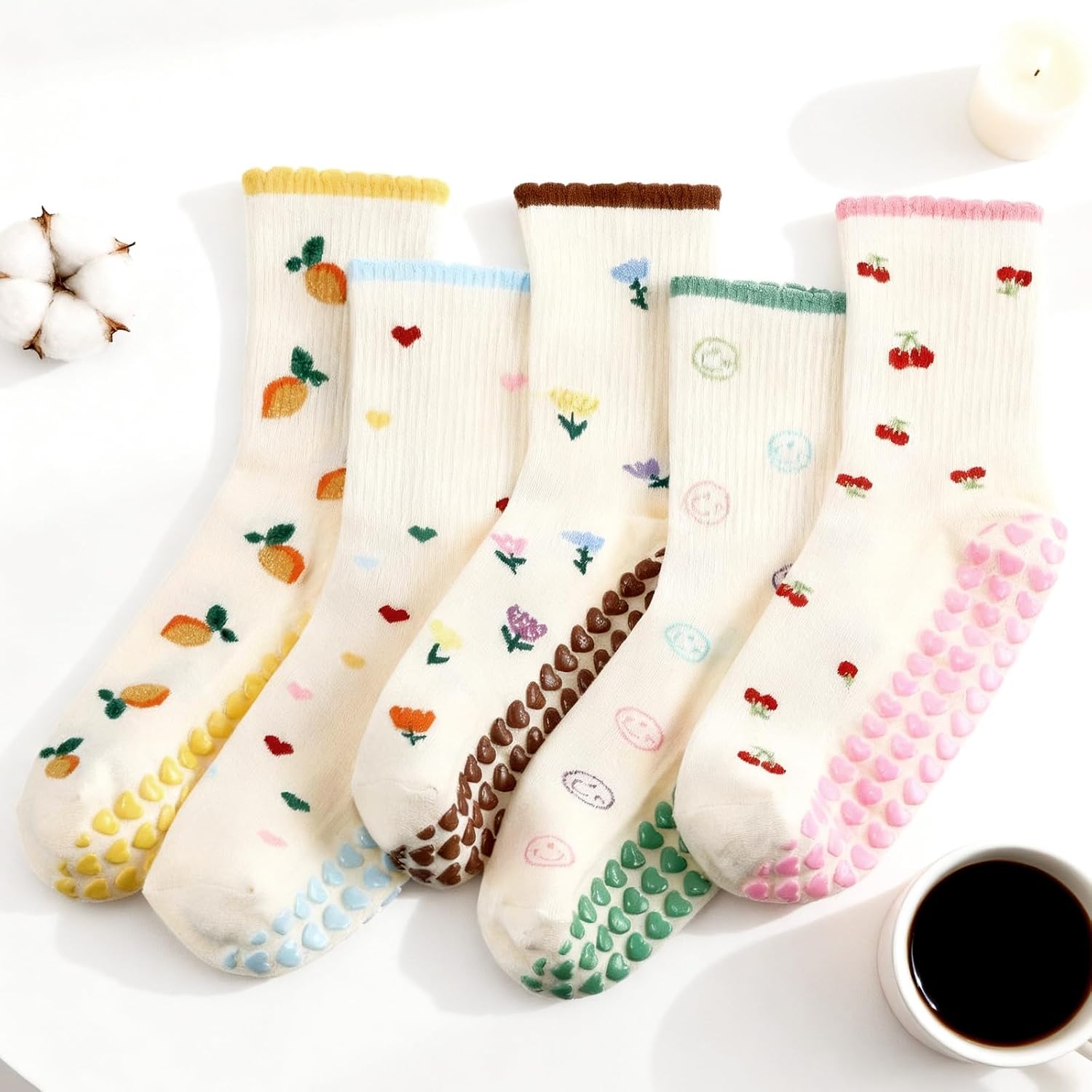 Halfchet 5 Pairs Women Pilates Grippy Socks Cute Non-slip Yoga Crew Socks Ruffle Grip Sock for Barre Fitness Hospital Workout