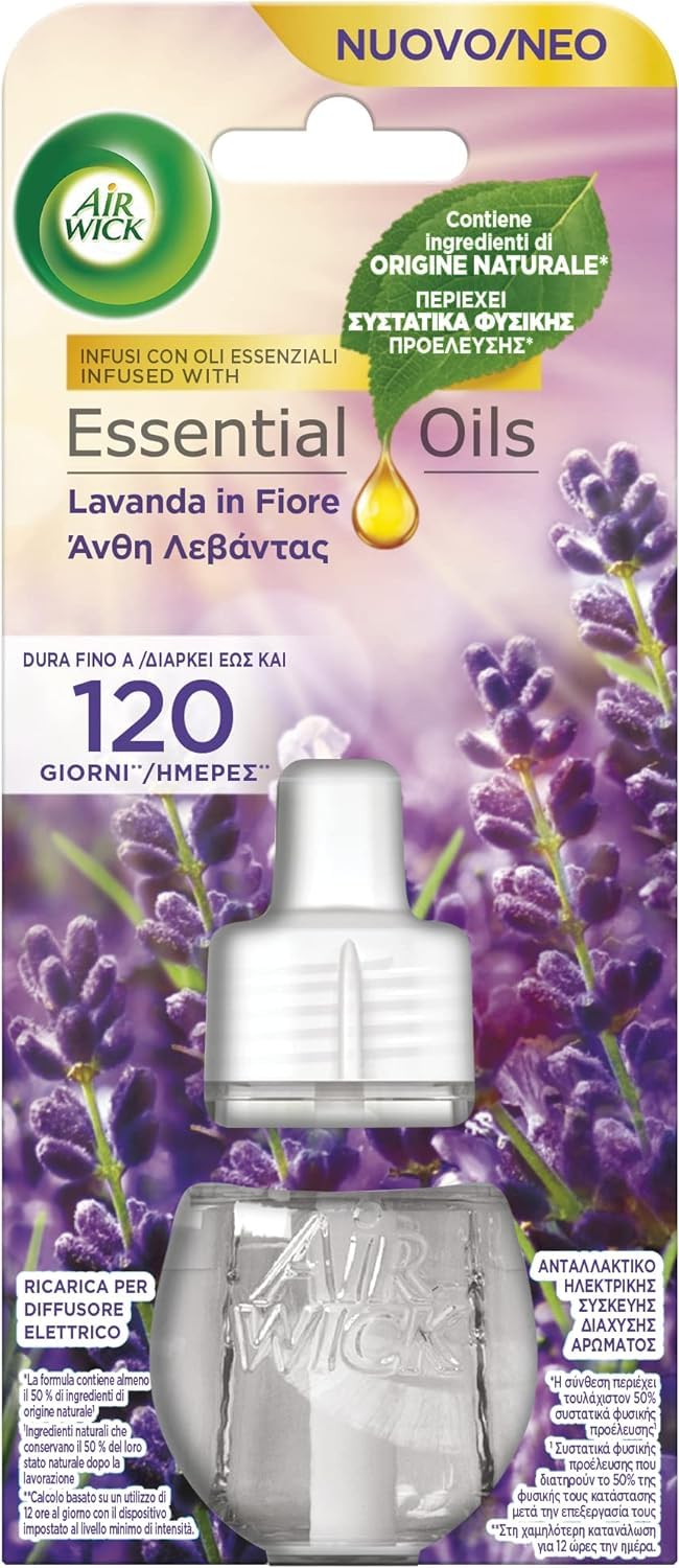 Airwick Ricariche per Diffusore Elettrico di Oli Essenziali, Confezione da 12 Ricariche di Profumatore per Ambienti Elettrico, 6 alla Fragranza di Vaniglia e Thè Biancoe, 6 Lavanda in Fiore