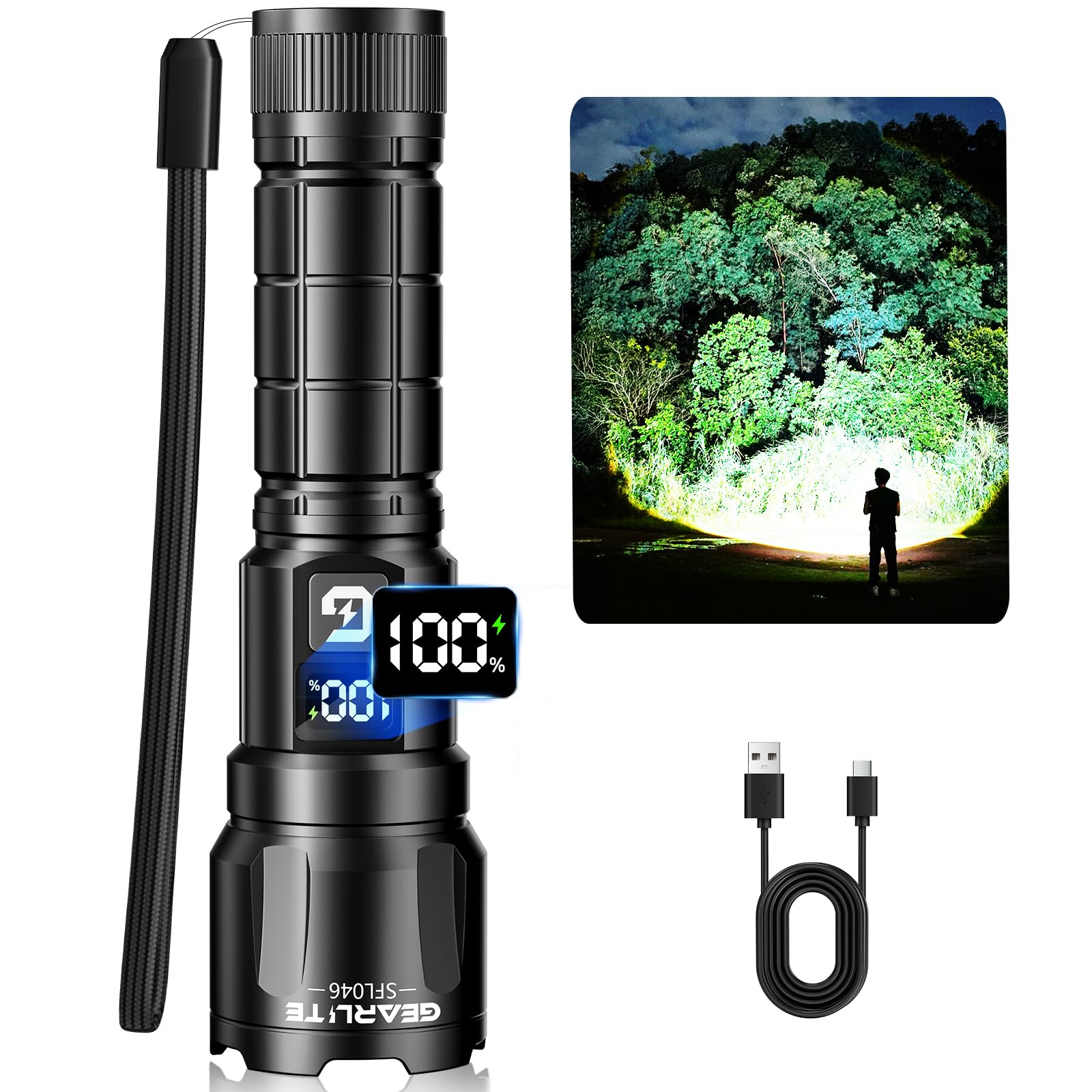 GEARLITE LED Taschenlampe Aufladbar, 6000 Lumen Extrem Helle Zoombares Taktische Taschenlampen