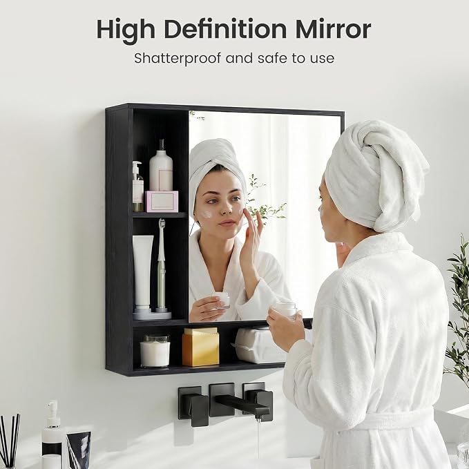 Armario de medicamentos para baño Giantex con espejo, armario de pared con una puerta, 3 estantes abiertos y un estante ajustable, armario de almacenamiento colgante ahorrador de espacio para salón o pasillo (negro) miniatura 4