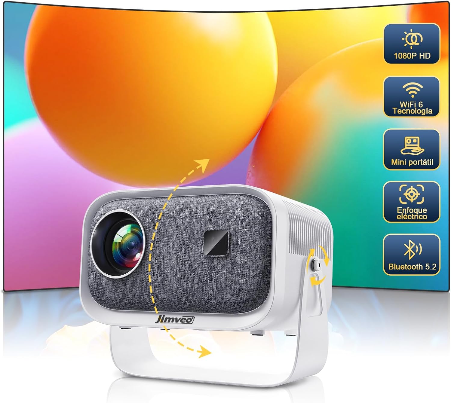 Jimveo E18 Projector with screen showing colorful abstract shapes and feature icons